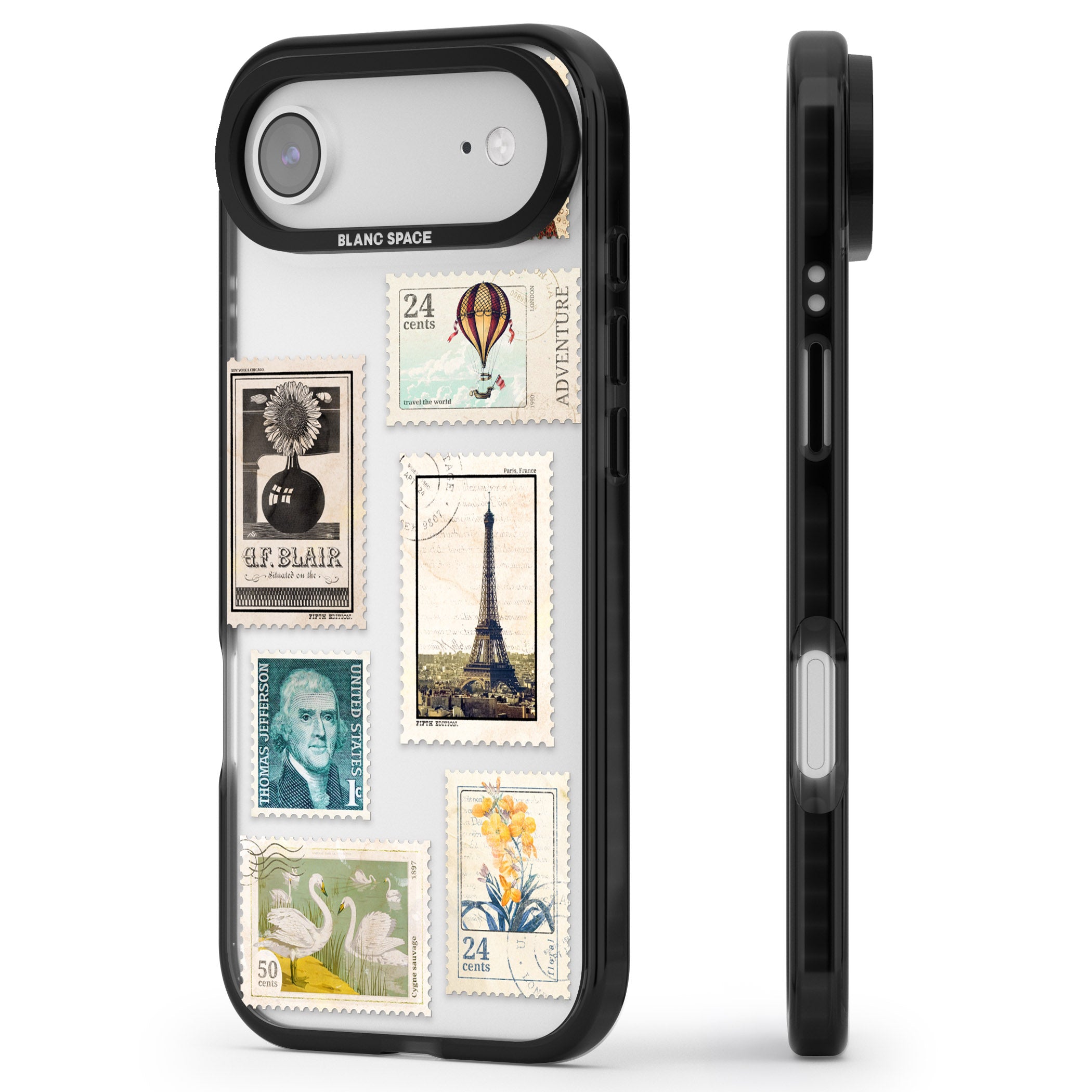 Vintage Stamps iPhone 17 Air Impact Black Phone Case Side Profile