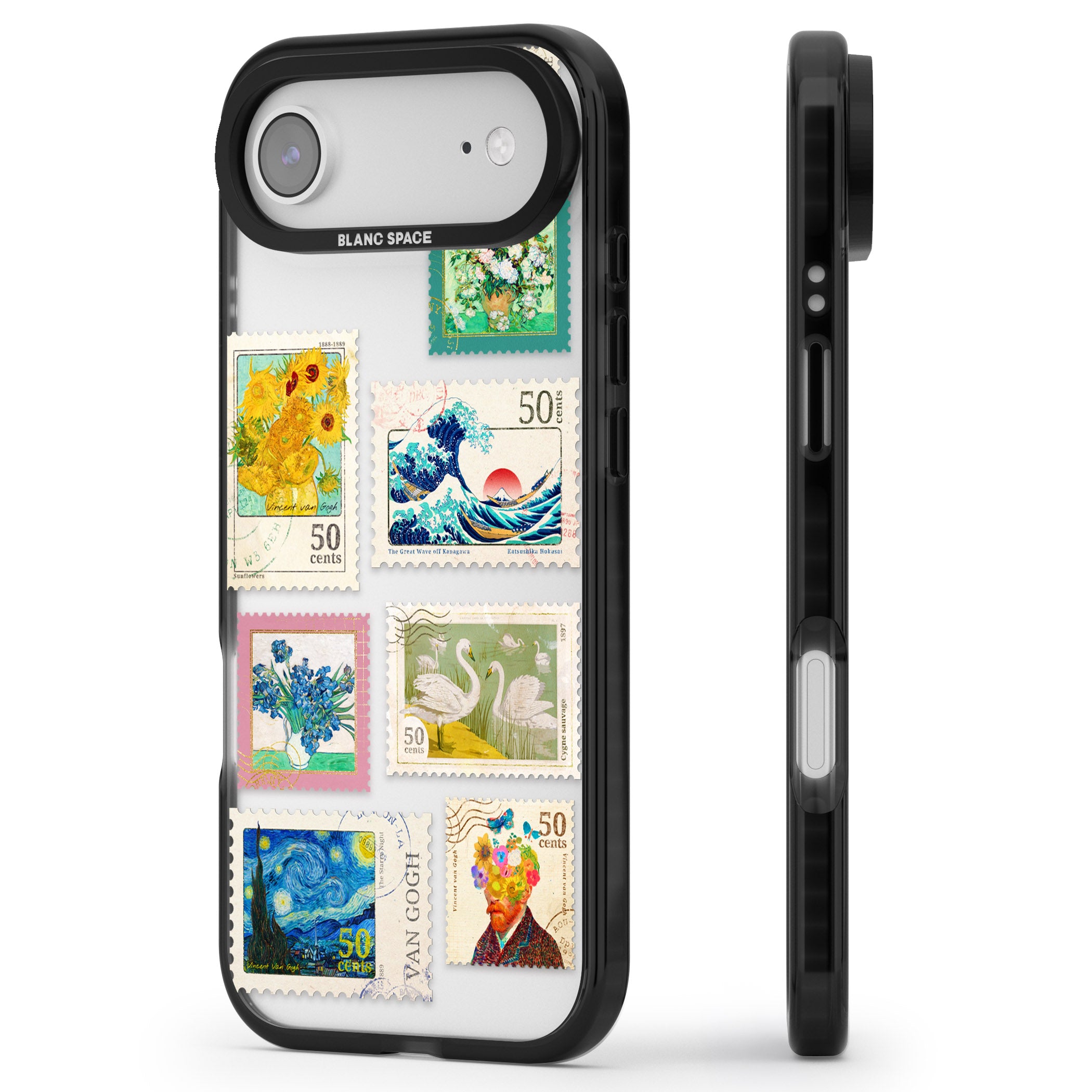 Vintage Art Stamps iPhone 17 Air Impact Black Phone Case Side Profile