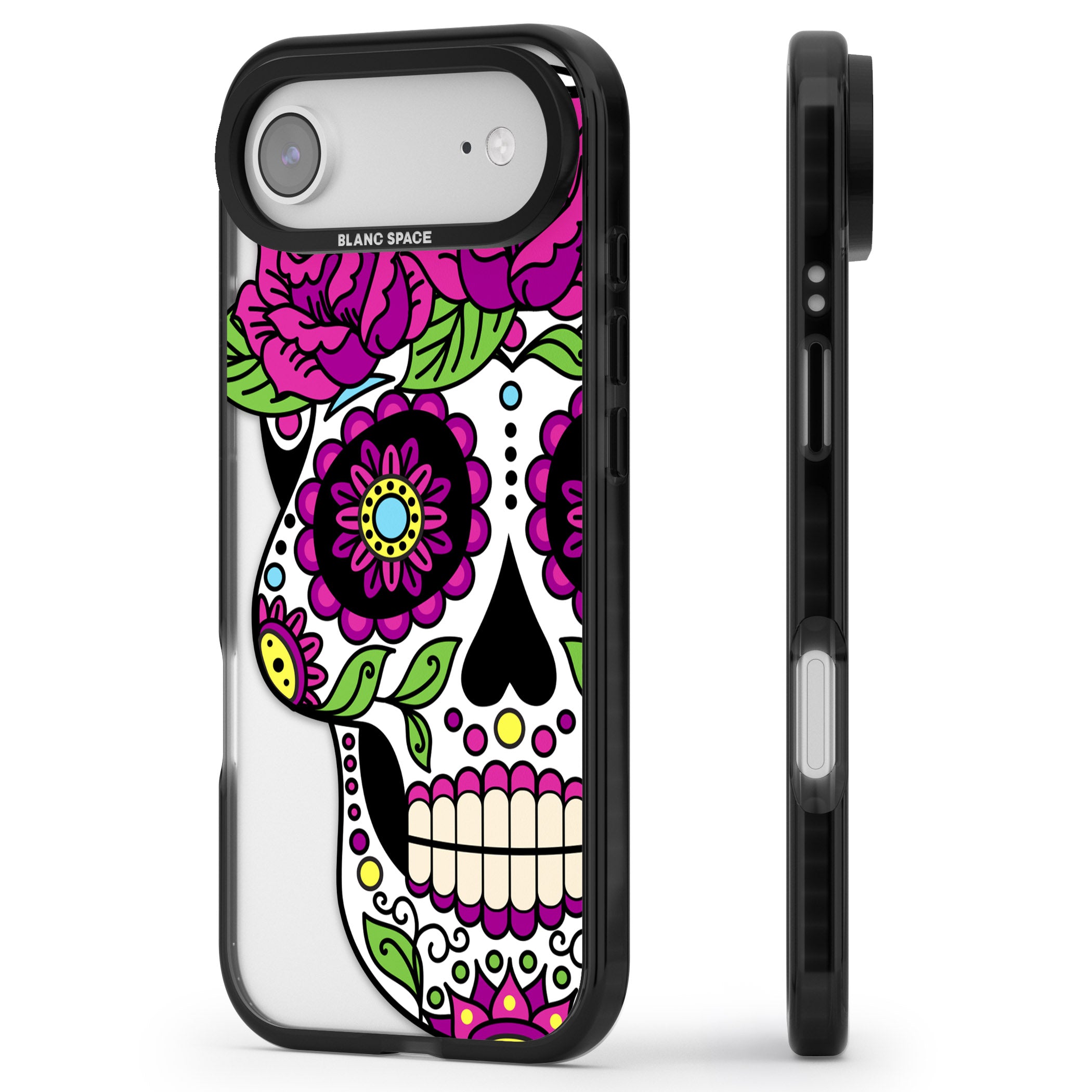 Purple Floral Sugar Skull iPhone 17 Air Impact Black Phone Case Side Profile