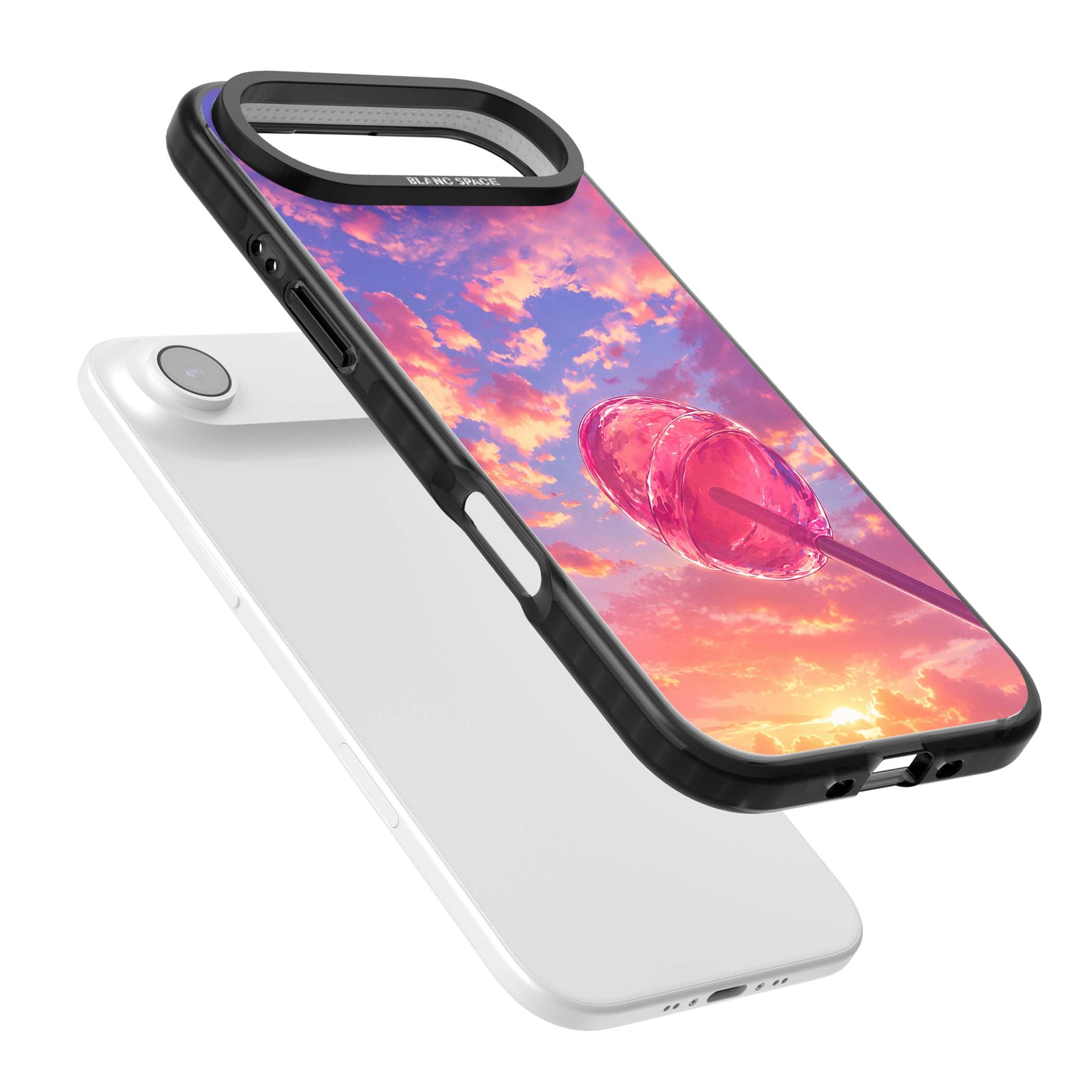 Sugar Sunset candy aesthetic iPhone case featuring a pink lollipop, pastel sunset sky and dreamy clouds | Clear Impact case for iPhone Air