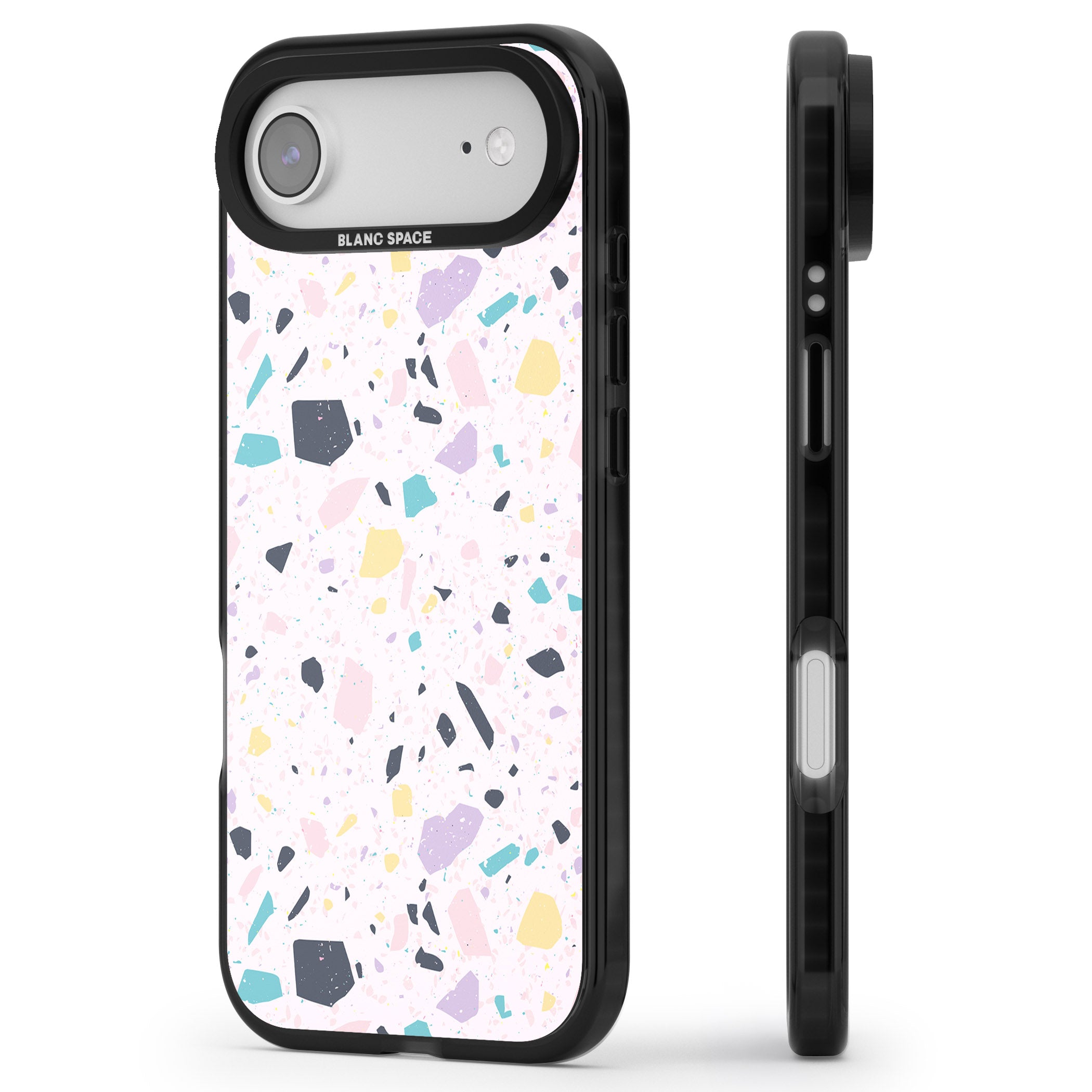 Pink, Purple & Turquoise Terrazzo Pattern iPhone 17 Air Impact Black Phone Case Side Profile