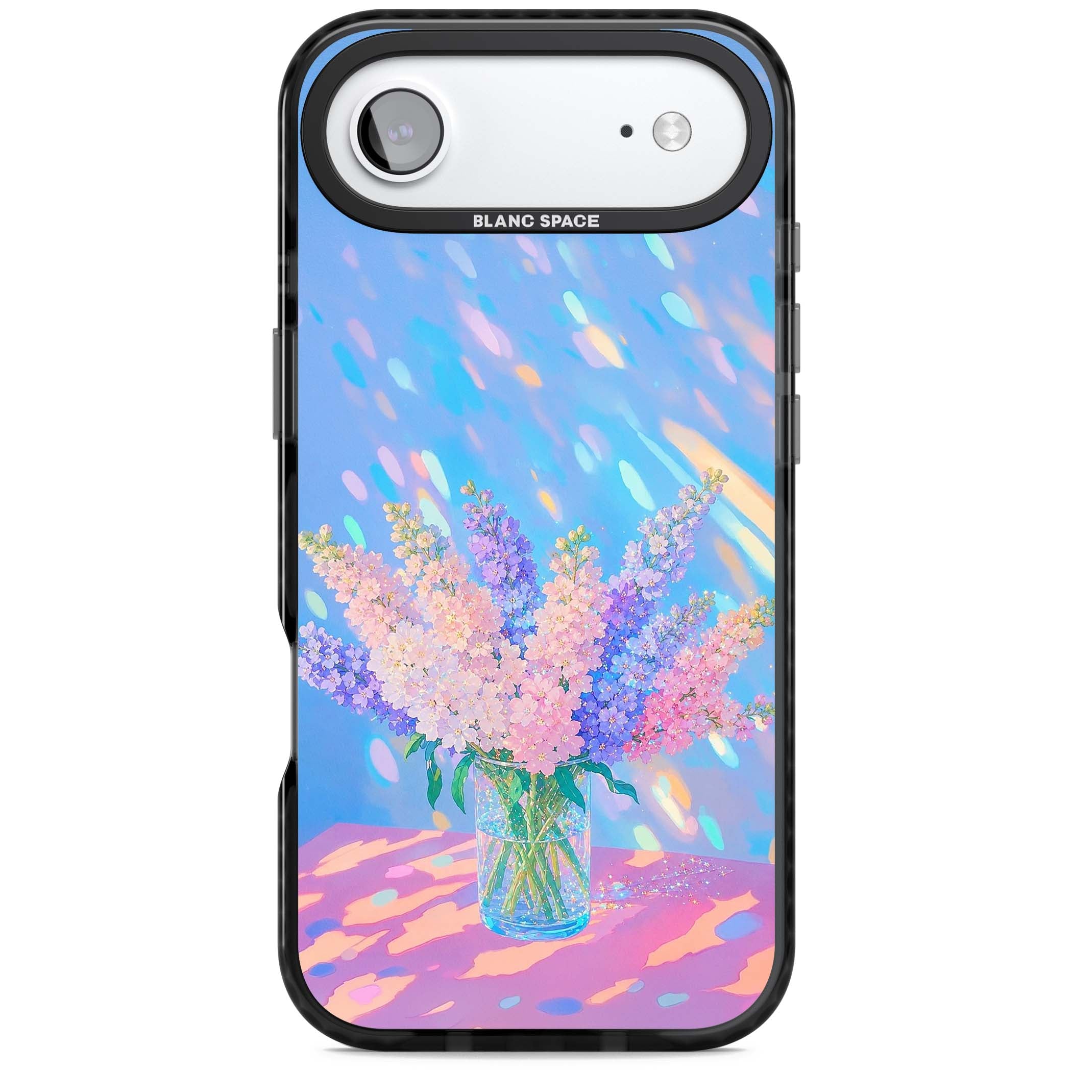 Bubblegum Flowers floral iPhone case featuring pastel lilac and pink bouquet in a glass vase with iridescent light | Clear Impact case for iPhone Air
