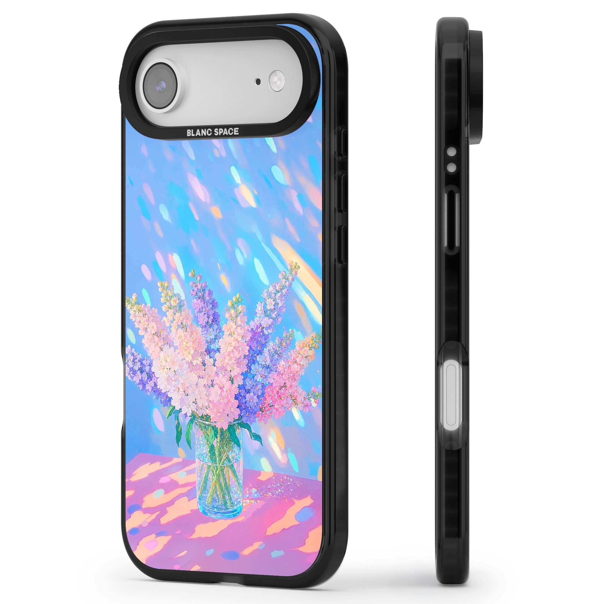 Bubblegum Flowers floral iPhone case featuring pastel lilac and pink bouquet in a glass vase with iridescent light | Clear Impact case for iPhone Air