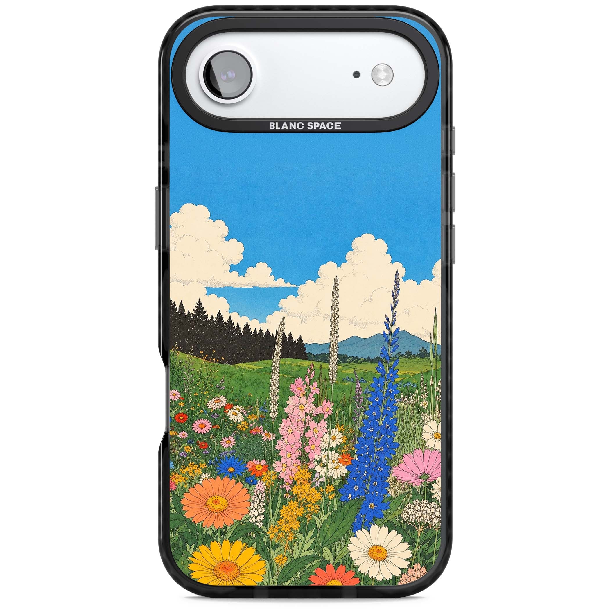 Wildbloom wildflower iPhone case featuring a vintage Japanese-style meadow landscape with daisies, delphiniums and moun | Clear Impact case for iPhone Air