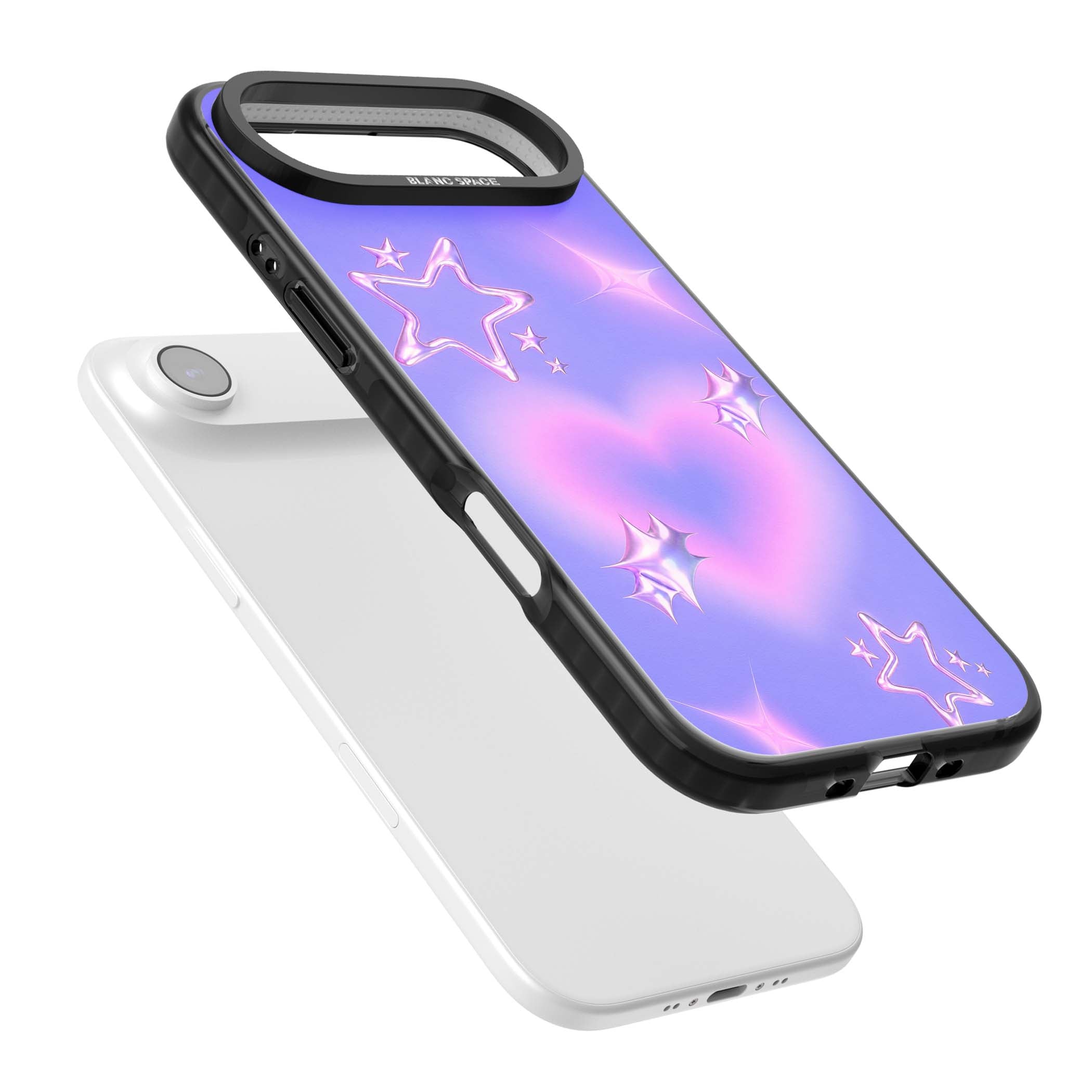 Soft Sugar Y2K iPhone case featuring iridescent chrome hearts, metallic pink stars and a lavender gradient sky | Clear Impact case for iPhone Air