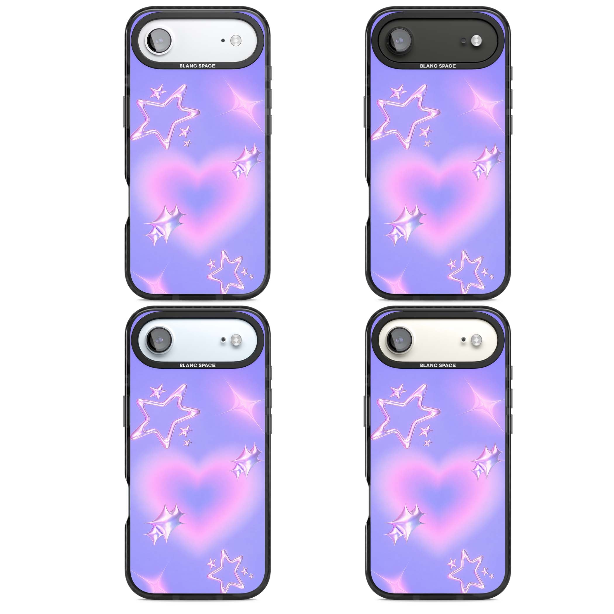 Soft Sugar Y2K iPhone case featuring iridescent chrome hearts, metallic pink stars and a lavender gradient sky | Clear Impact case for iPhone Air