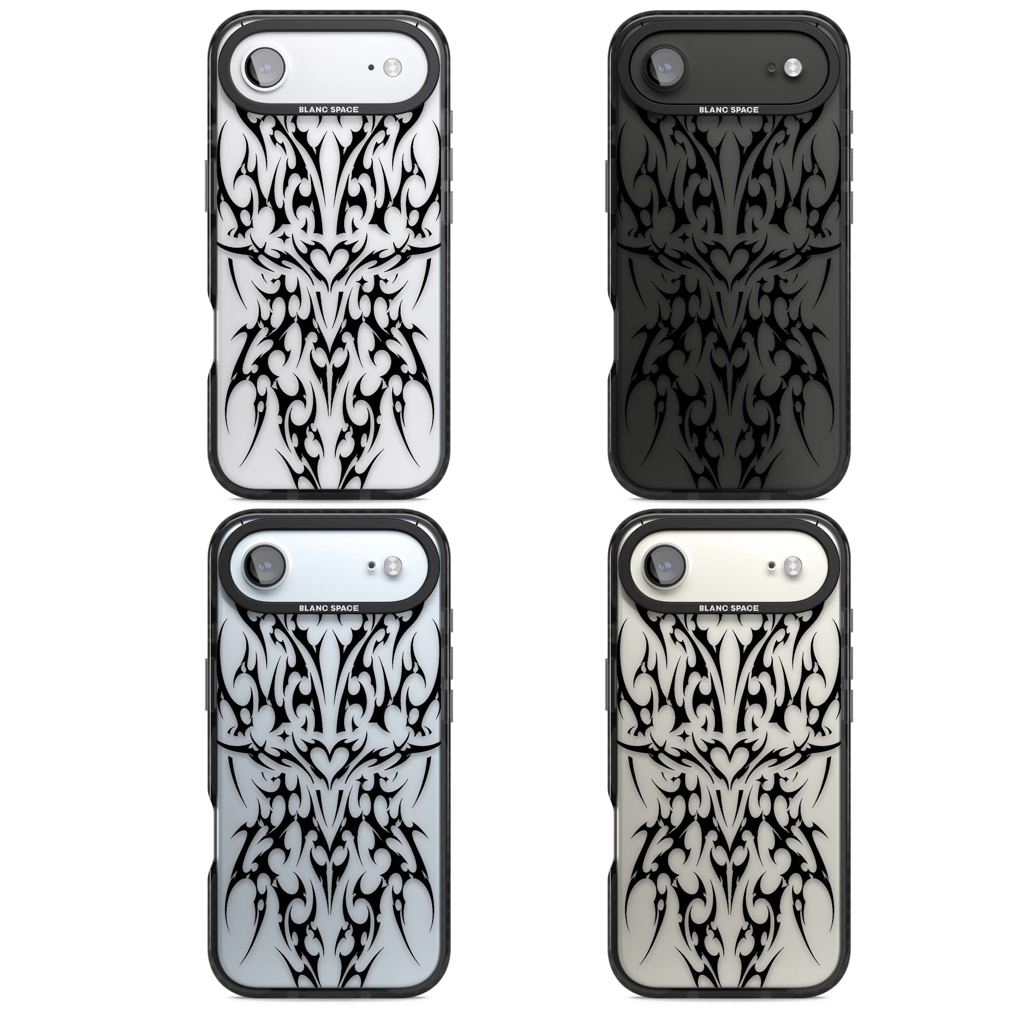 Neo Tribal Heart gothic iPhone case featuring symmetrical black tribal tattoo art with sharp thorn-like linework | Clear Impact case for iPhone Air