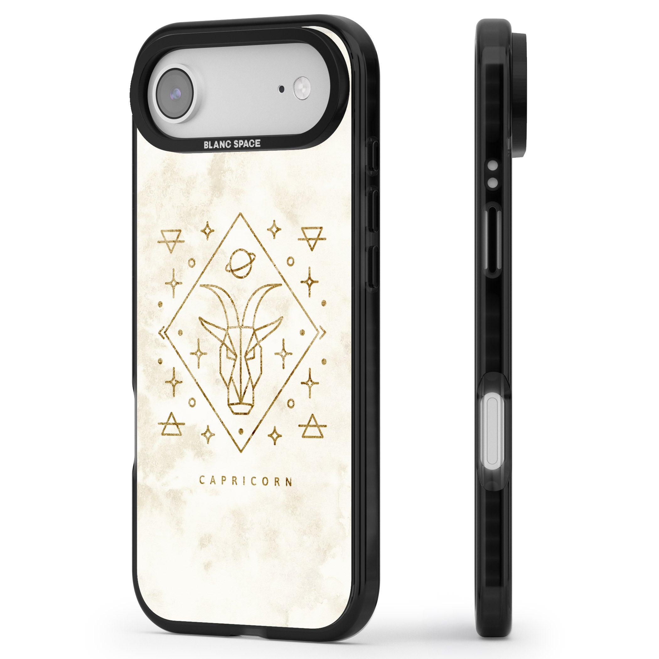 Capricorn Gold Zodiac Design iPhone 17 Air Impact Black Phone Case Side Profile