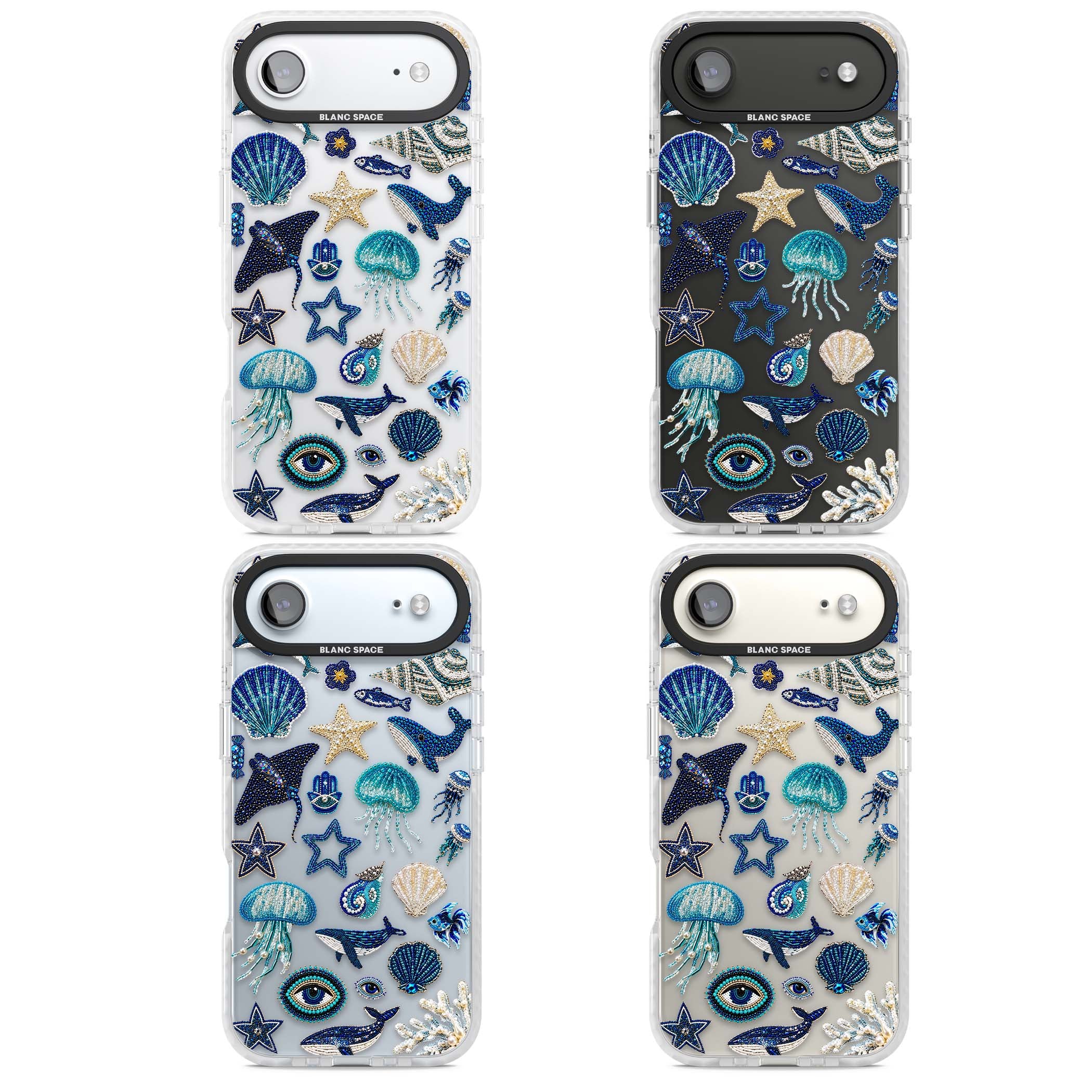 Beaded Coastal coastal iPhone case featuring embroidered seashells, jellyfish and a blue whale on clear | Black Impact case for iPhone Air