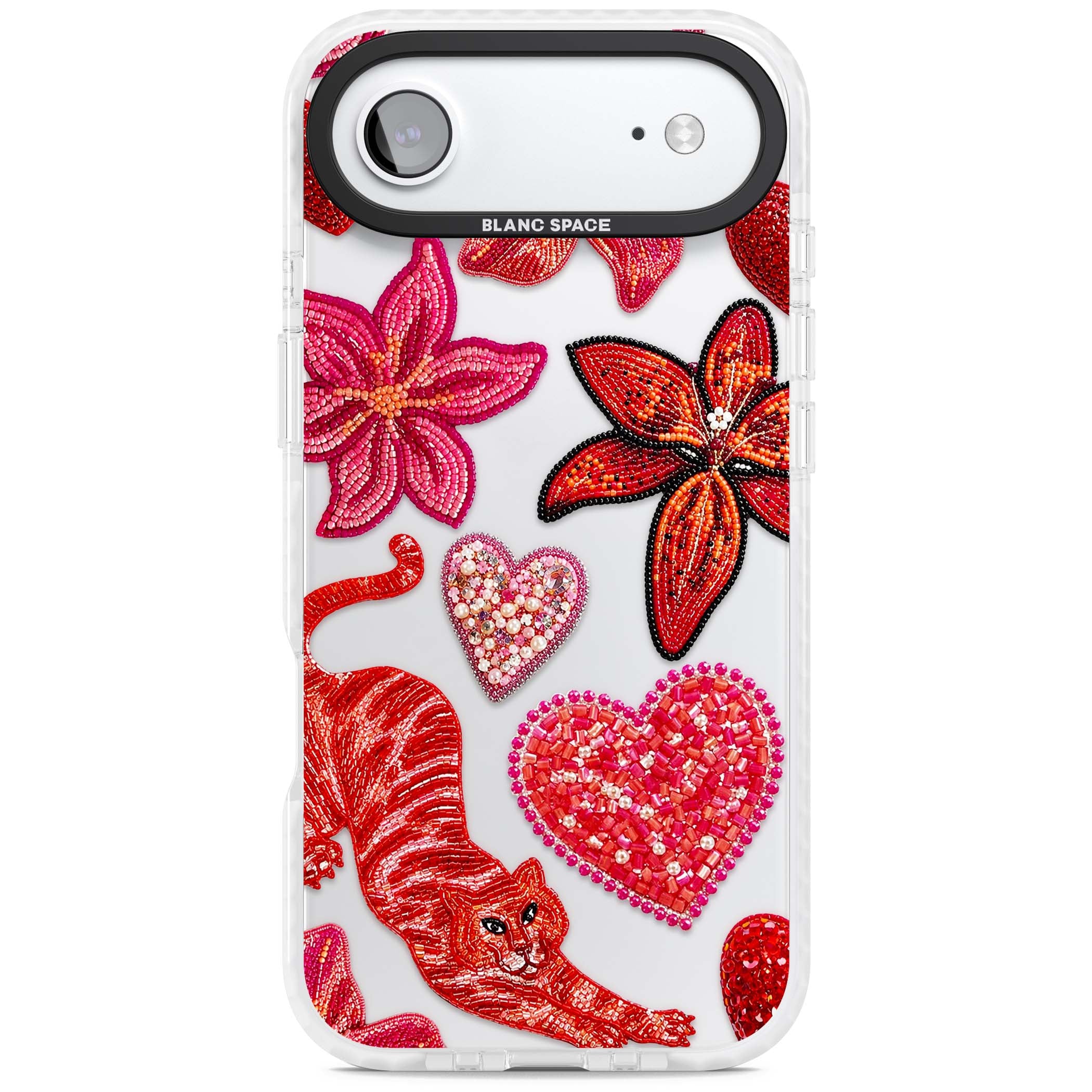Beaded Boho floral iPhone case featuring beaded red lilies, a stitched tiger, and pearl-encrusted hearts on clear | Black Impact case for iPhone Air