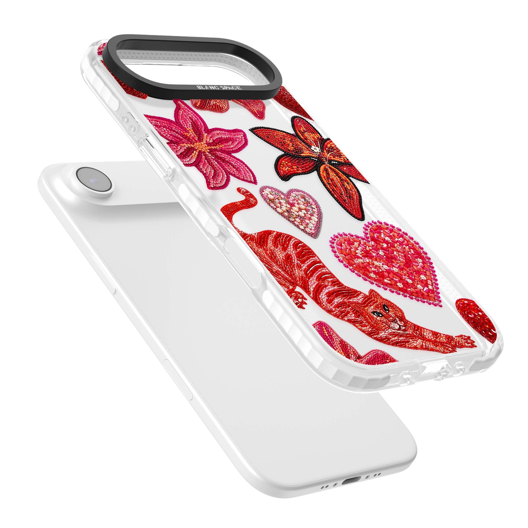 Beaded Boho floral iPhone case featuring beaded red lilies, a stitched tiger, and pearl-encrusted hearts on clear | Black Impact case for iPhone Air
