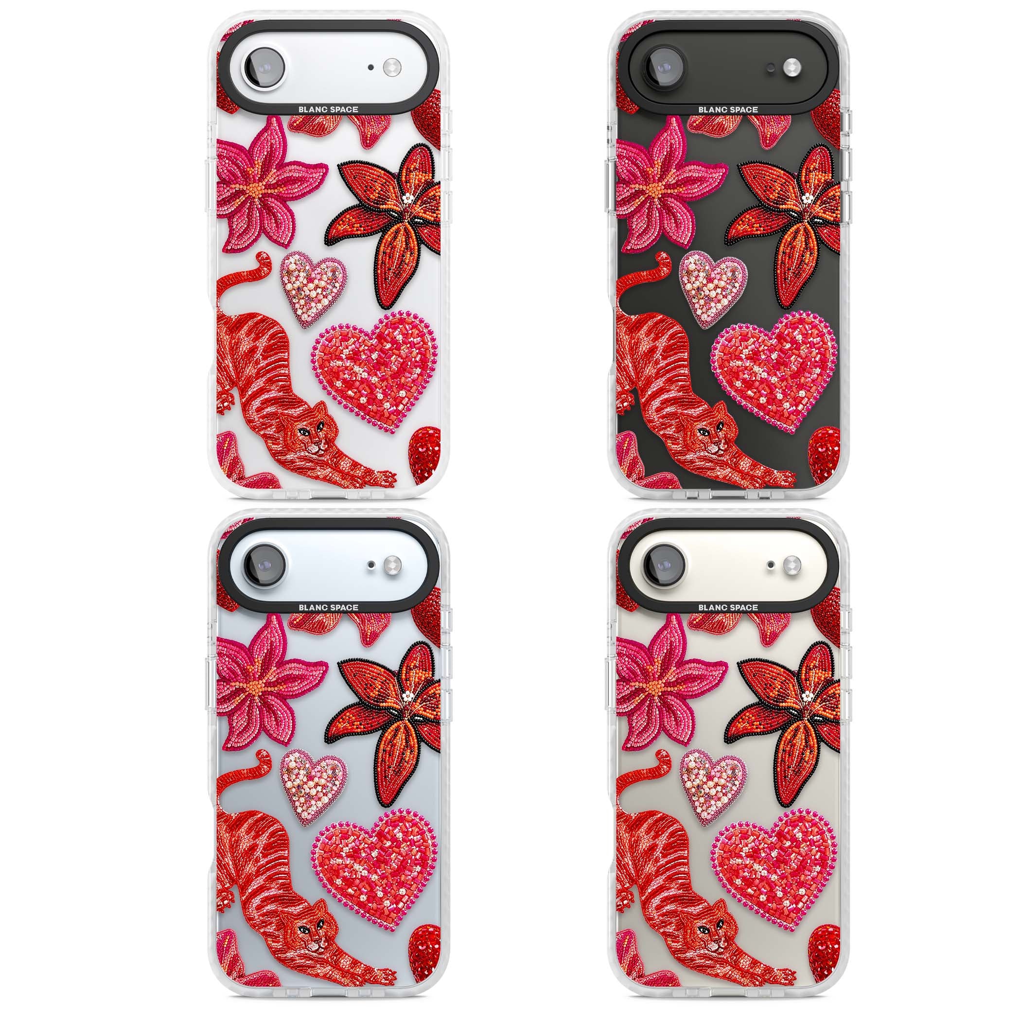 Beaded Boho floral iPhone case featuring beaded red lilies, a stitched tiger, and pearl-encrusted hearts on clear | Black Impact case for iPhone Air