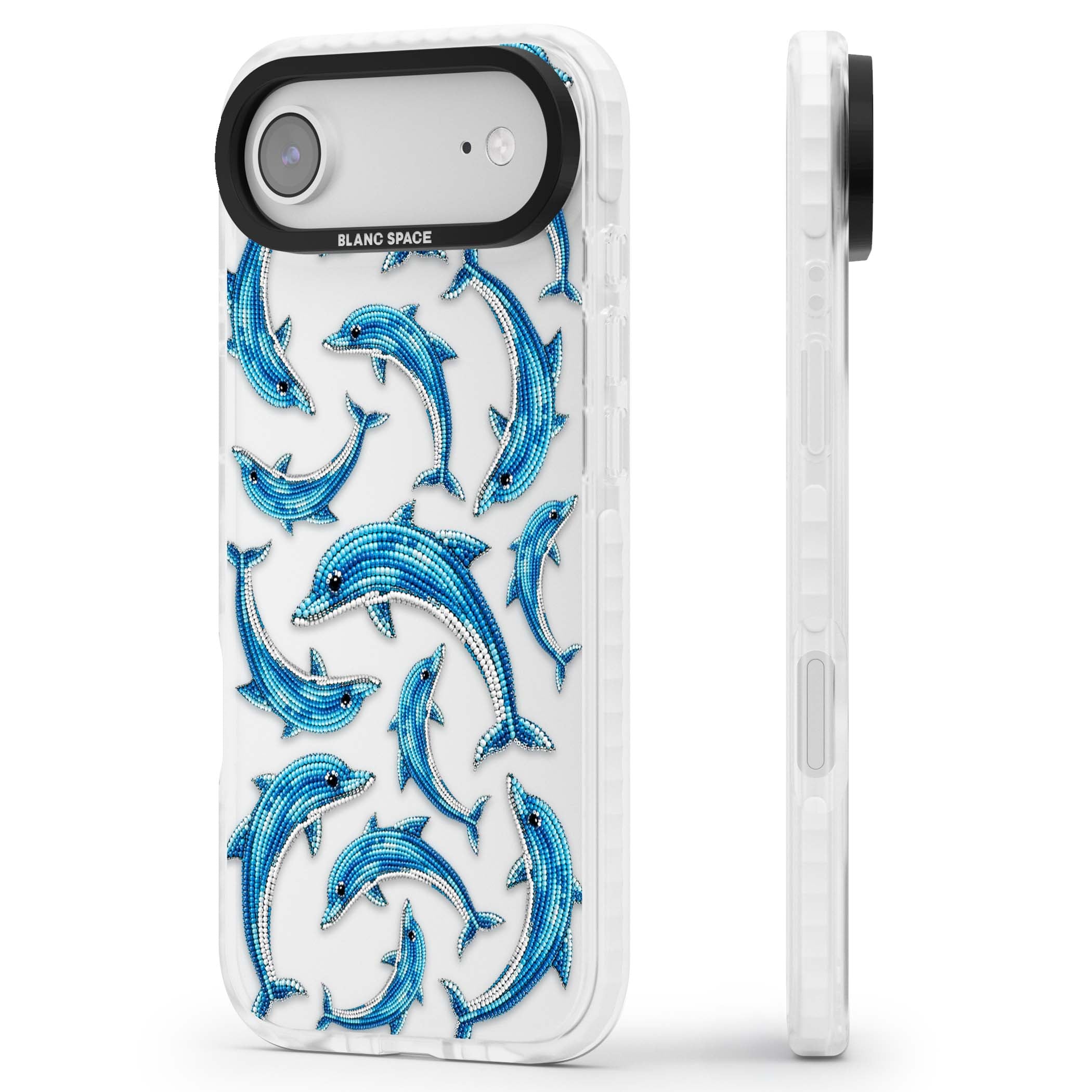 Beaded Dolphins coastal iPhone case featuring beaded dolphins in blue and white swimming across a clear background | Black Impact case for iPhone Air