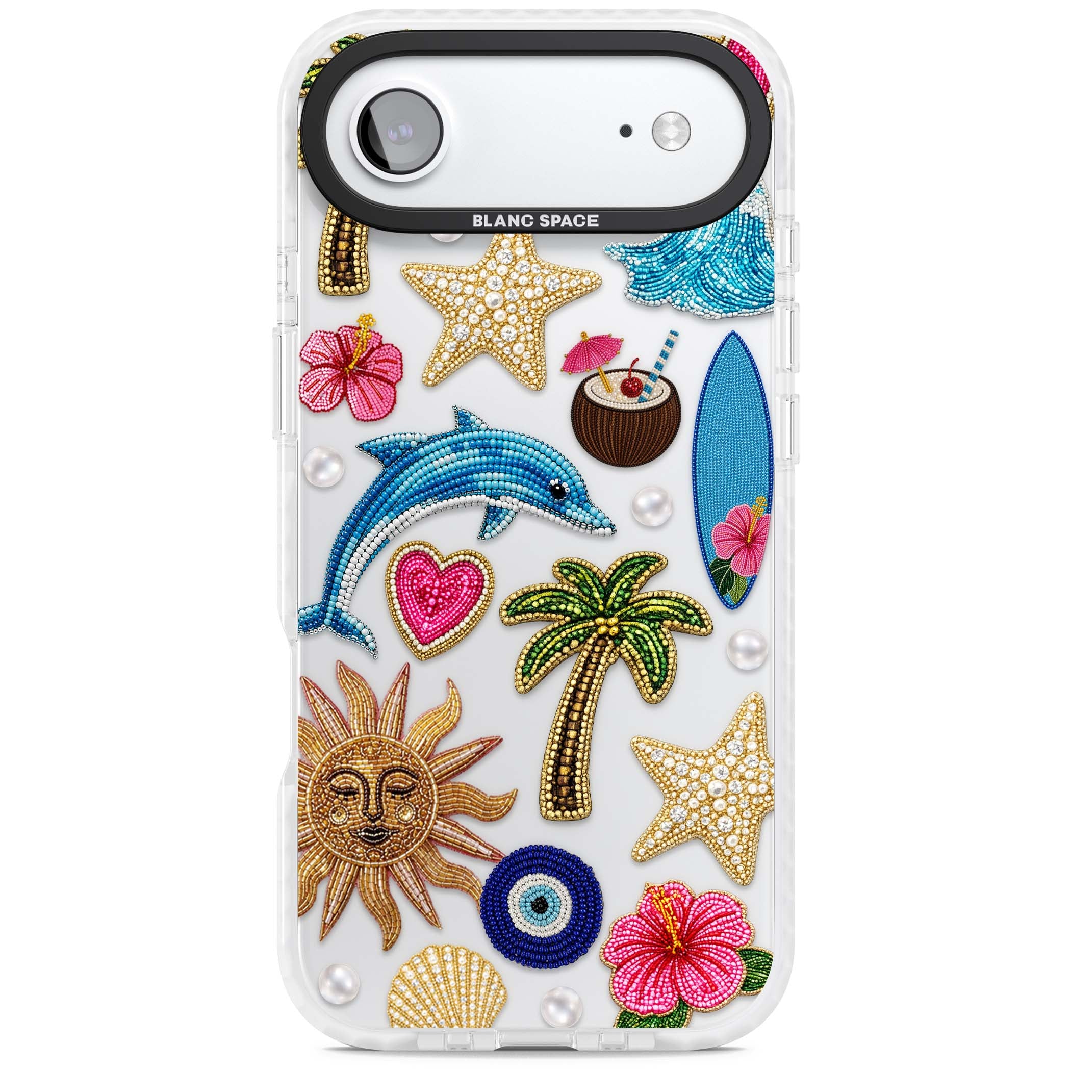 Beaded Beach coastal summer iPhone case featuring embroidered evil eye, hibiscus flowers, dolphin and palm tree patches | Black Impact case for iPhone Air
