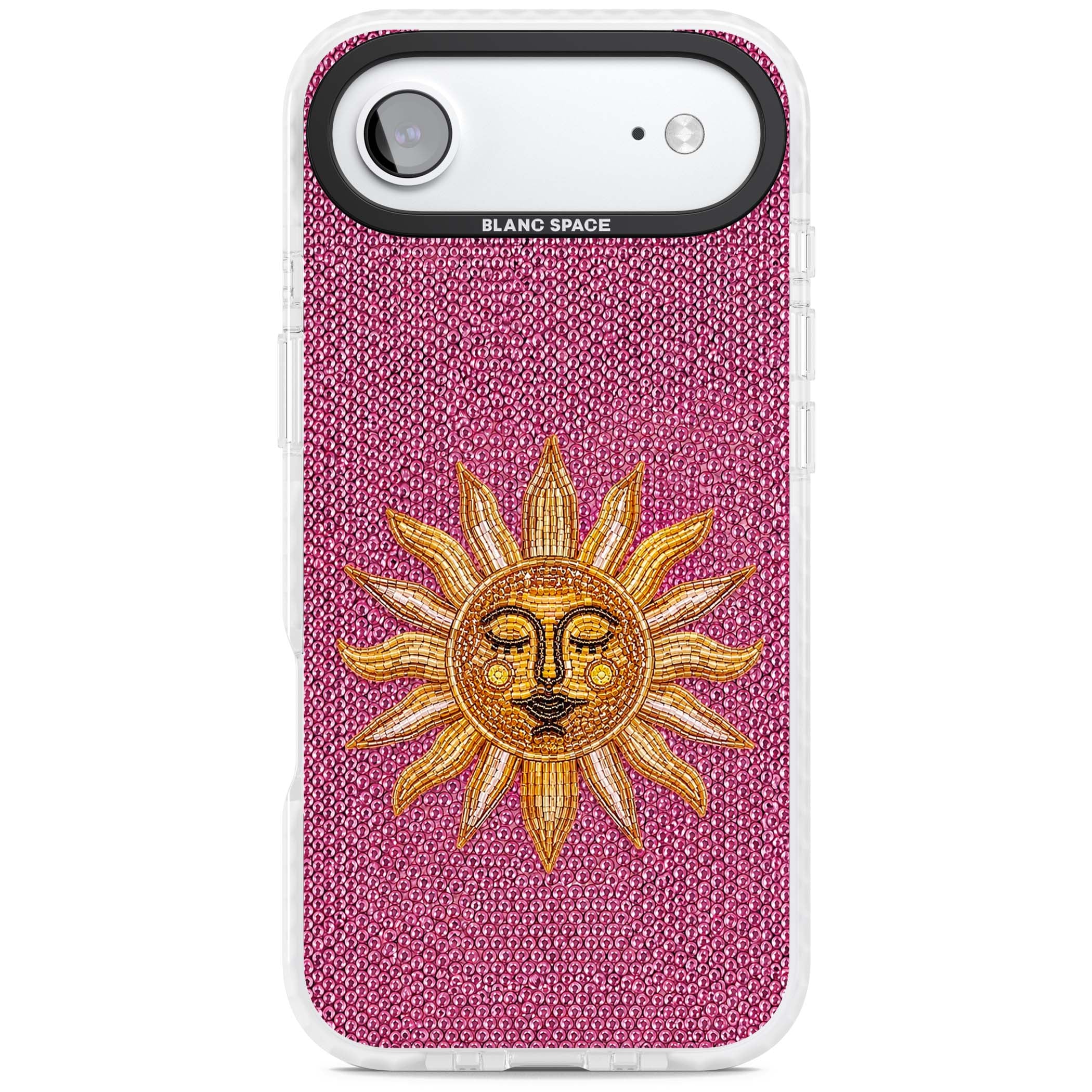 Beaded Sun celestial iPhone case featuring a golden beaded sun face with radiant rays on hot pink beaded background | Black Impact case for iPhone Air