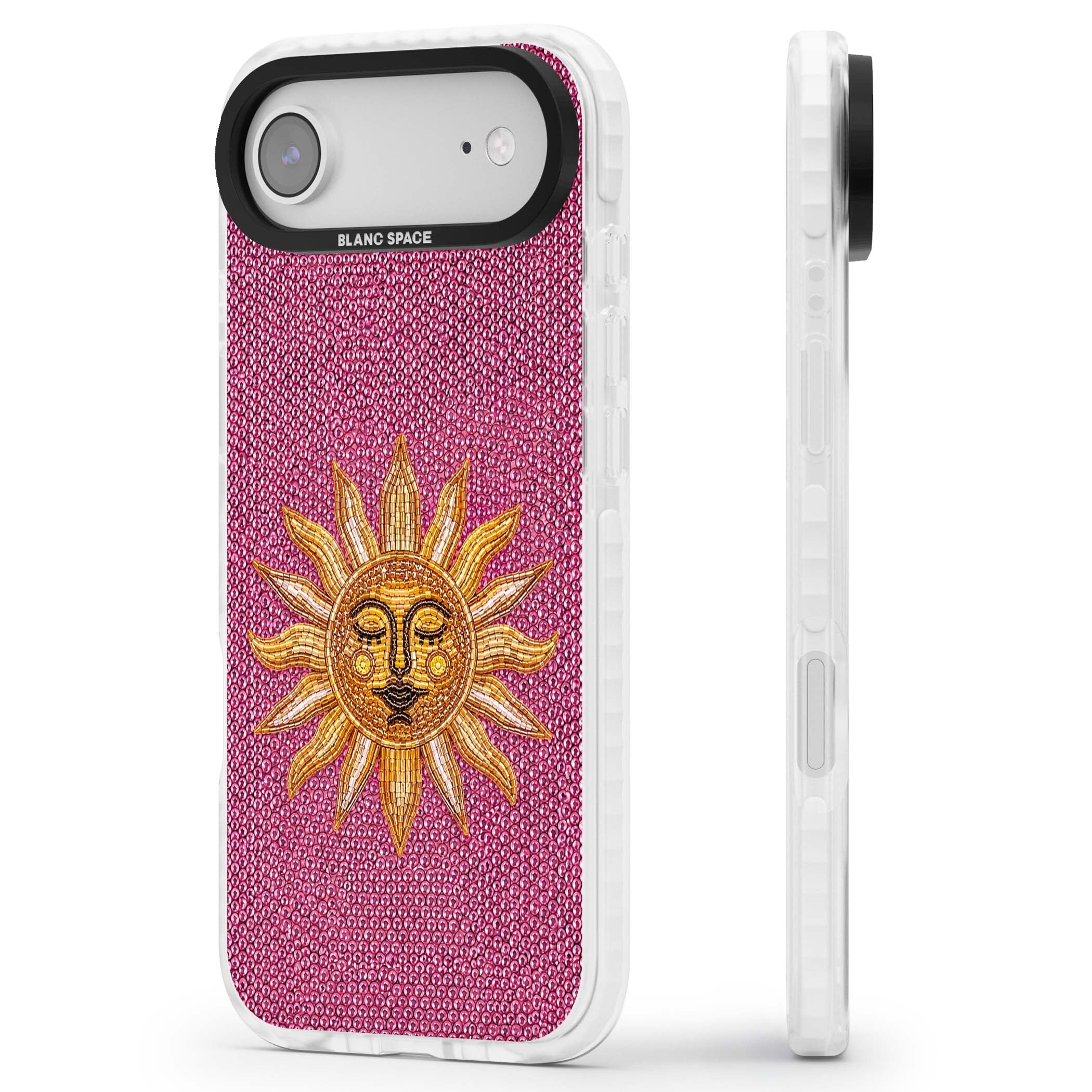 Beaded Sun celestial iPhone case featuring a golden beaded sun face with radiant rays on hot pink beaded background | Black Impact case for iPhone Air