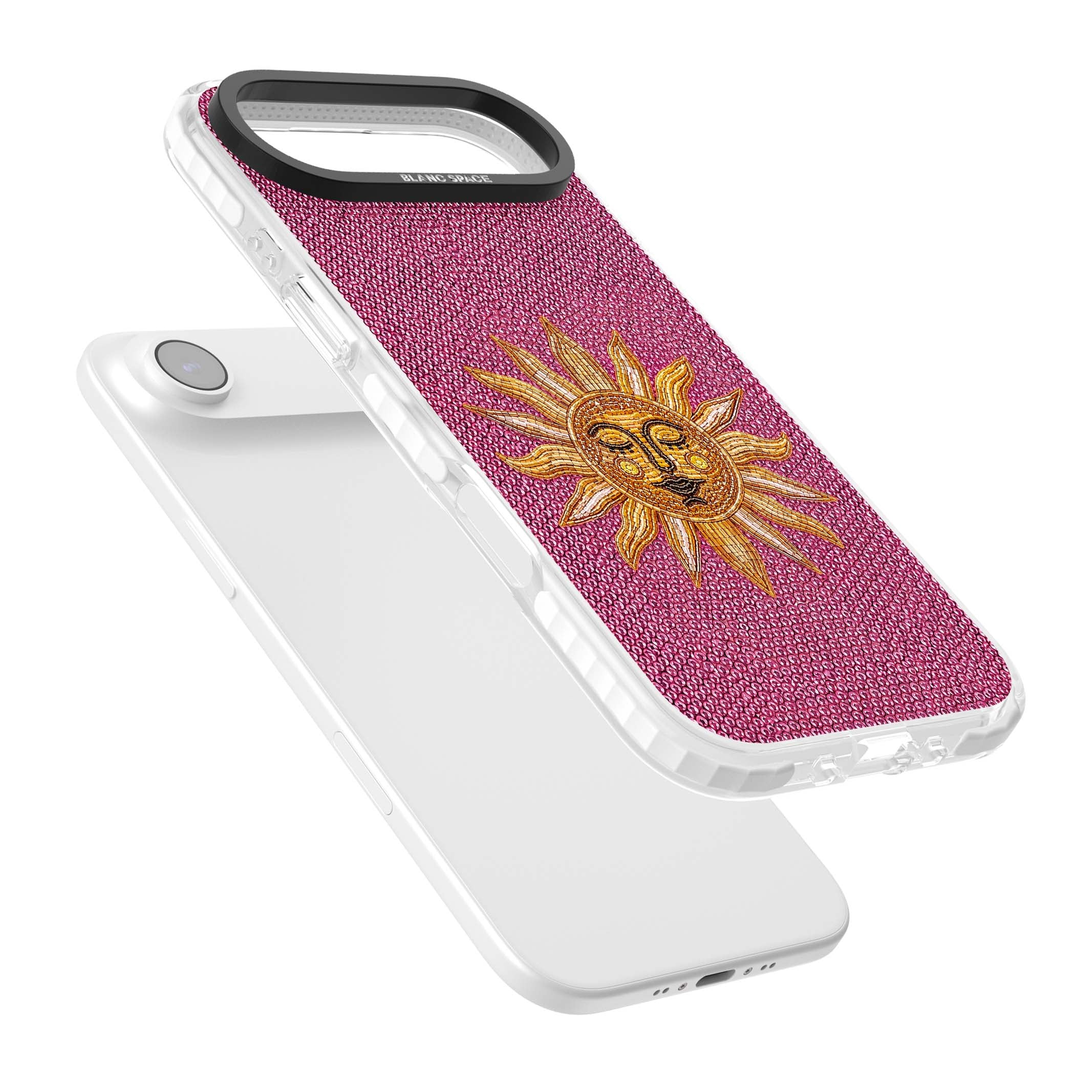 Beaded Sun celestial iPhone case featuring a golden beaded sun face with radiant rays on hot pink beaded background | Black Impact case for iPhone Air