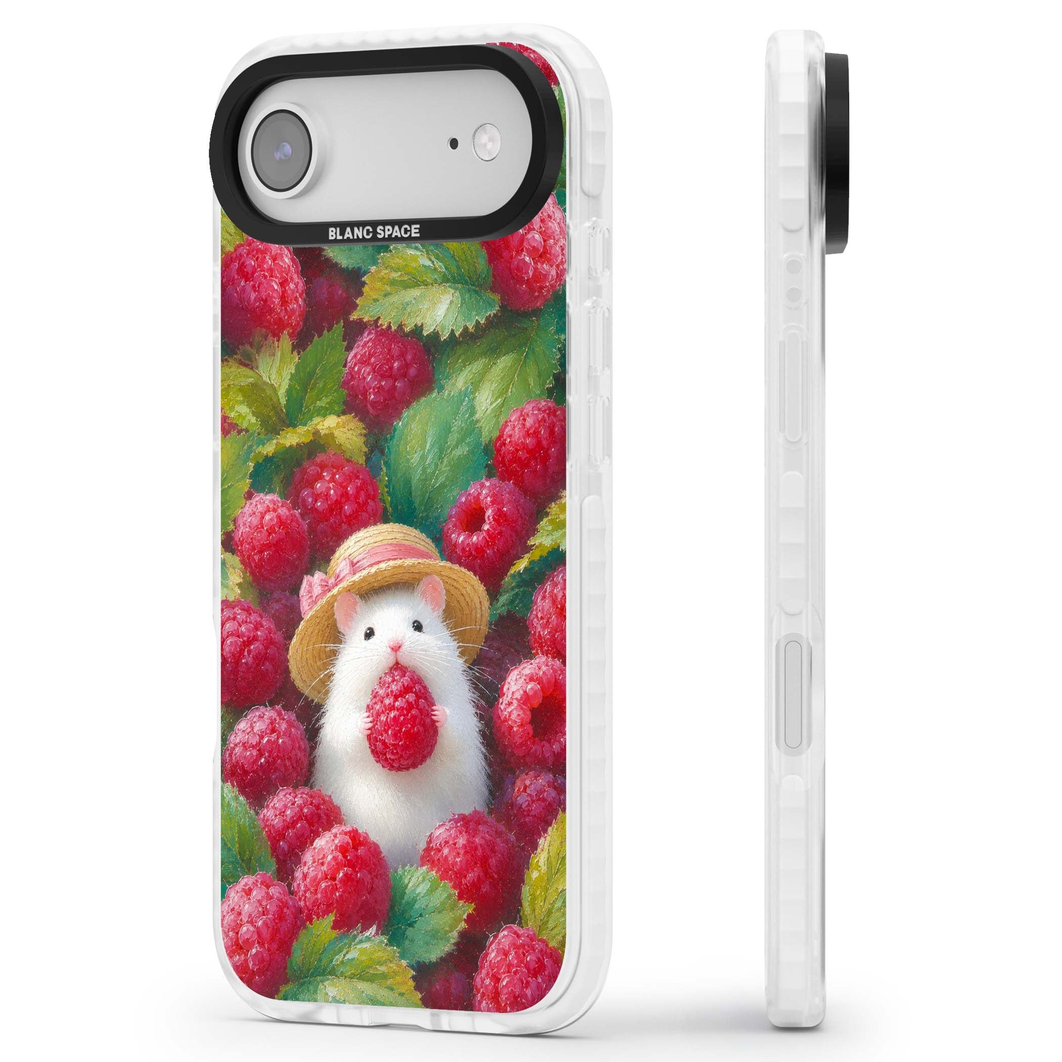 Berry Forager cottagecore iPhone case featuring a white hamster in a straw hat holding a raspberry surrounded by ripe ber | Black Impact case for iPhone Air