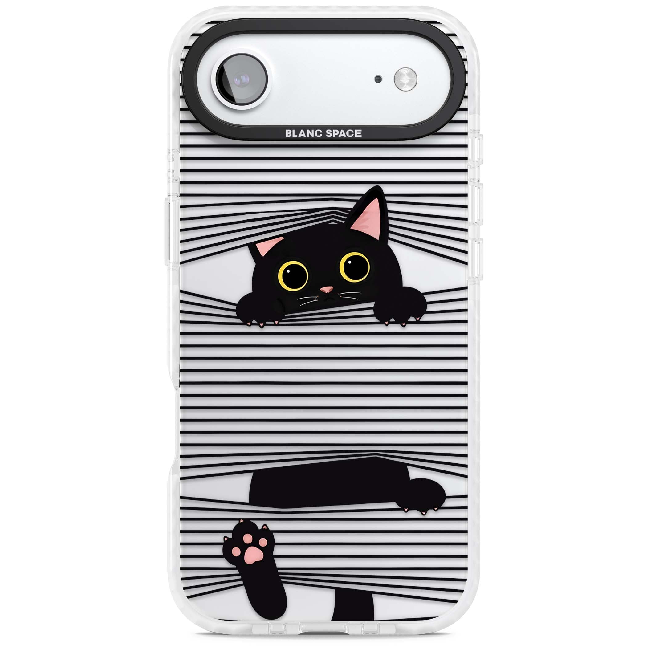 Peek-a-Boo Cat minimal iPhone case featuring black cat peeking through horizontal black and white stripes | Black Impact case for iPhone Air