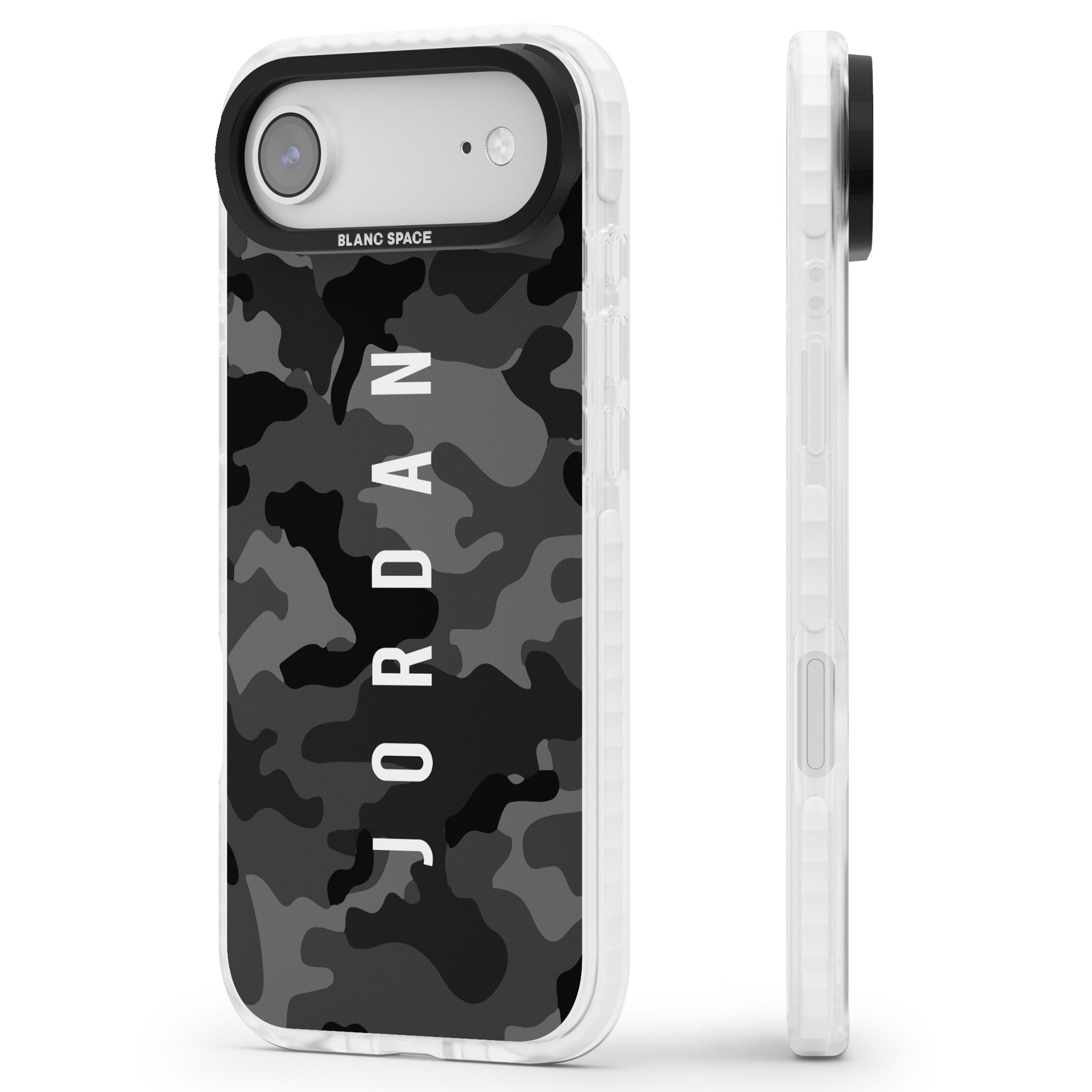 Personalised Black Camouflage Name iPhone 17 Air Impact Clear Phone Case Side Profile