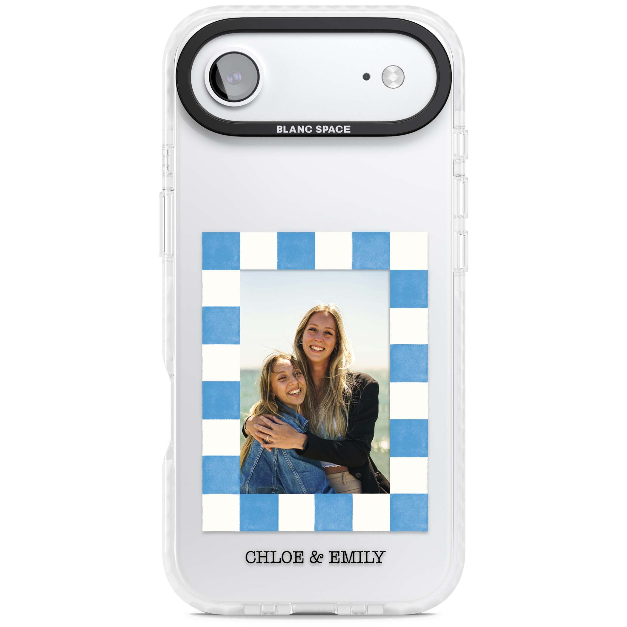 Blue Check Photo personalised photo iPhone case with blue checkered frame and custom couple names | Black Impact case for iPhone Air