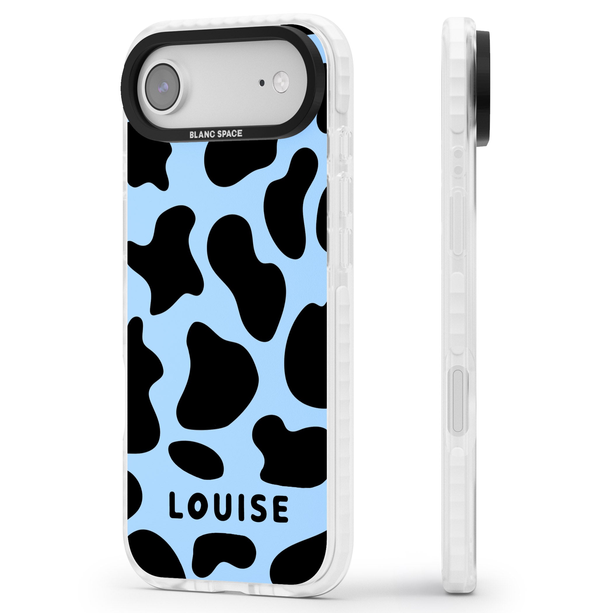 Personalised Blue And Black Cow Print iPhone 17 Air Impact Clear Phone Case Side Profile
