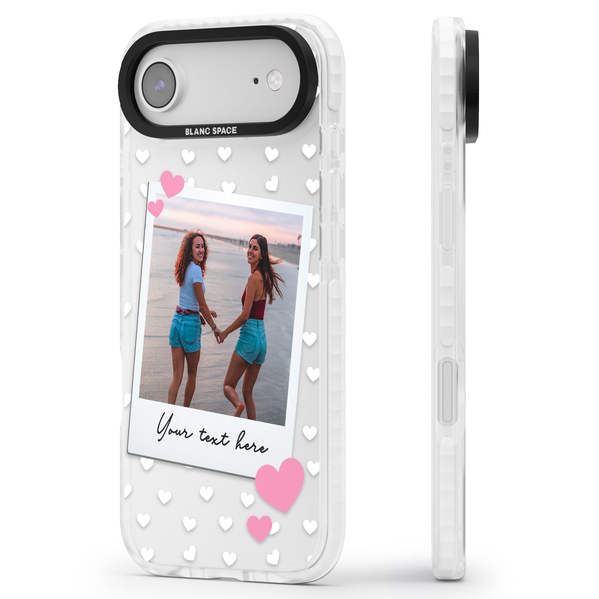 Personalised Hearts Instant Camera Photo iPhone 17 Air Impact Clear Phone Case Side Profile