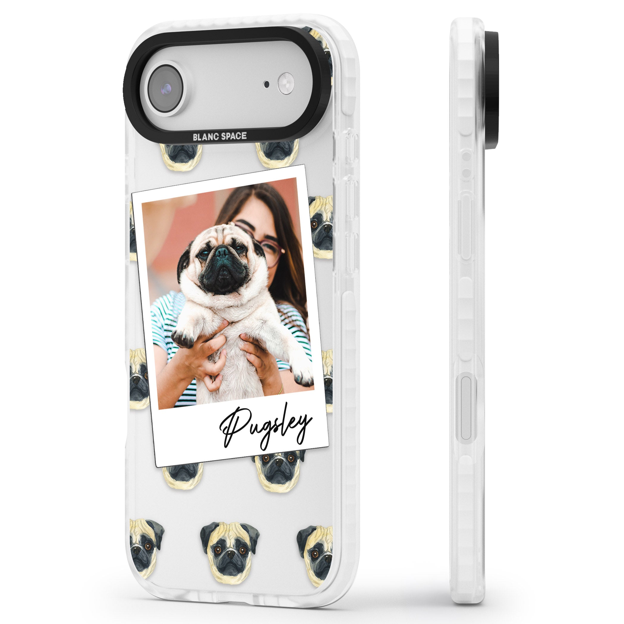 Personalised Pug Instant Camera Photo iPhone 17 Air Impact Clear Phone Case Side Profile
