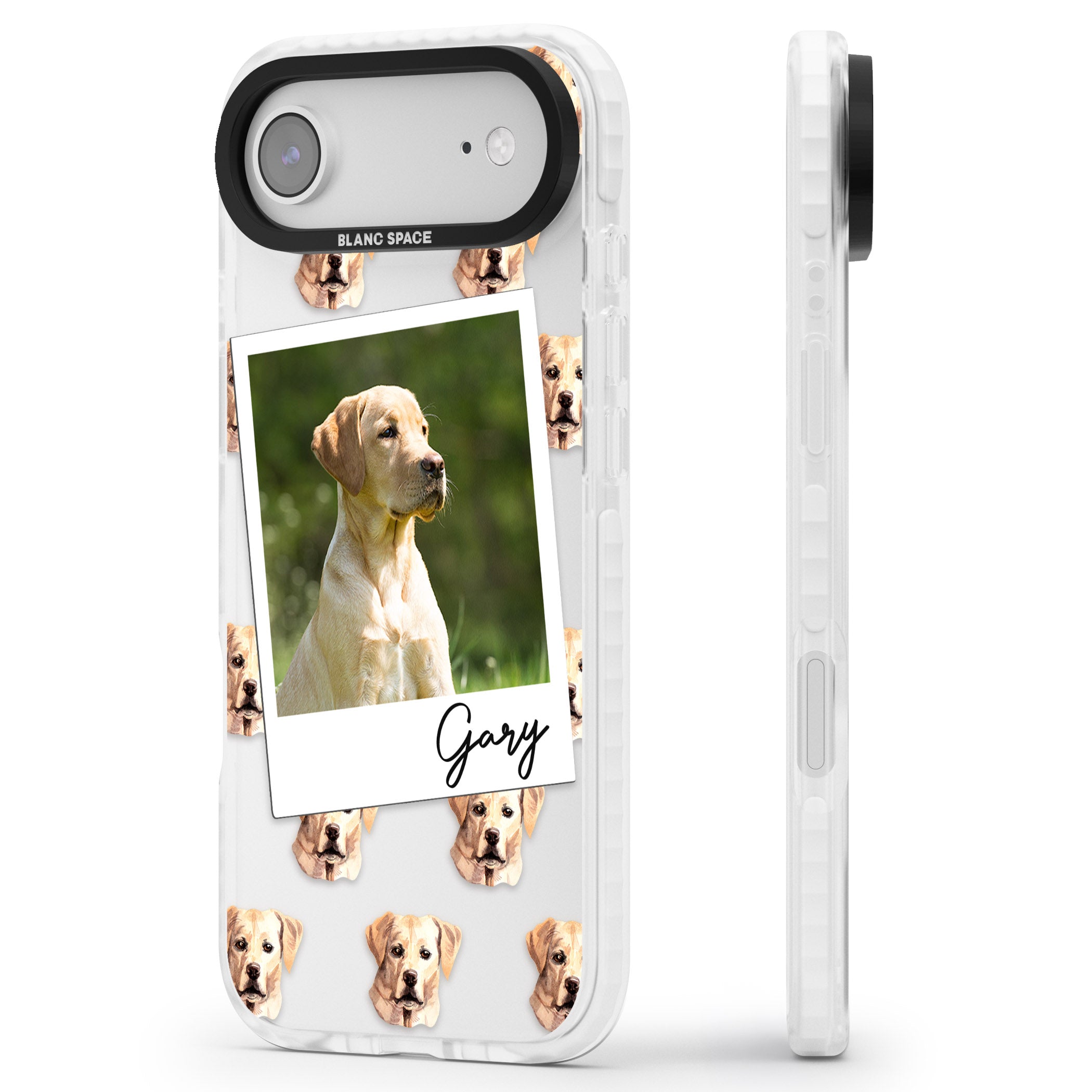 Personalised Tan Black Labrador Instant Camera Photo iPhone 17 Air Impact Clear Phone Case Side Profile