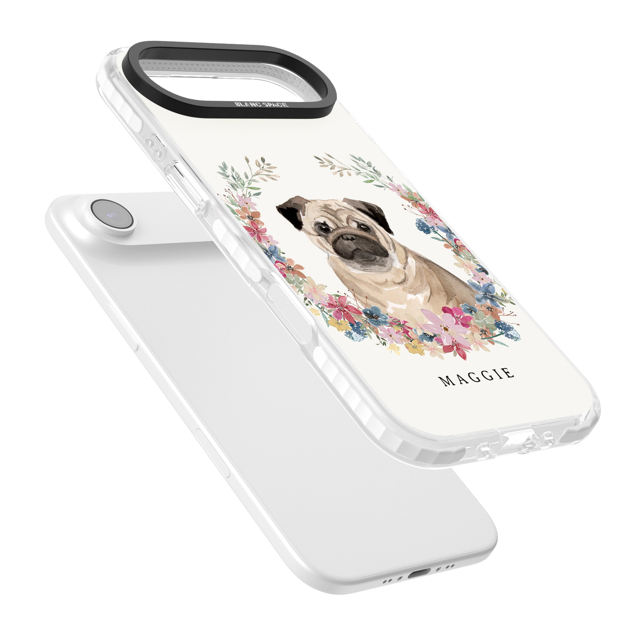 Personalised Pug Floral Portrait iPhone 17 Air Impact Clear Phone Case Colours