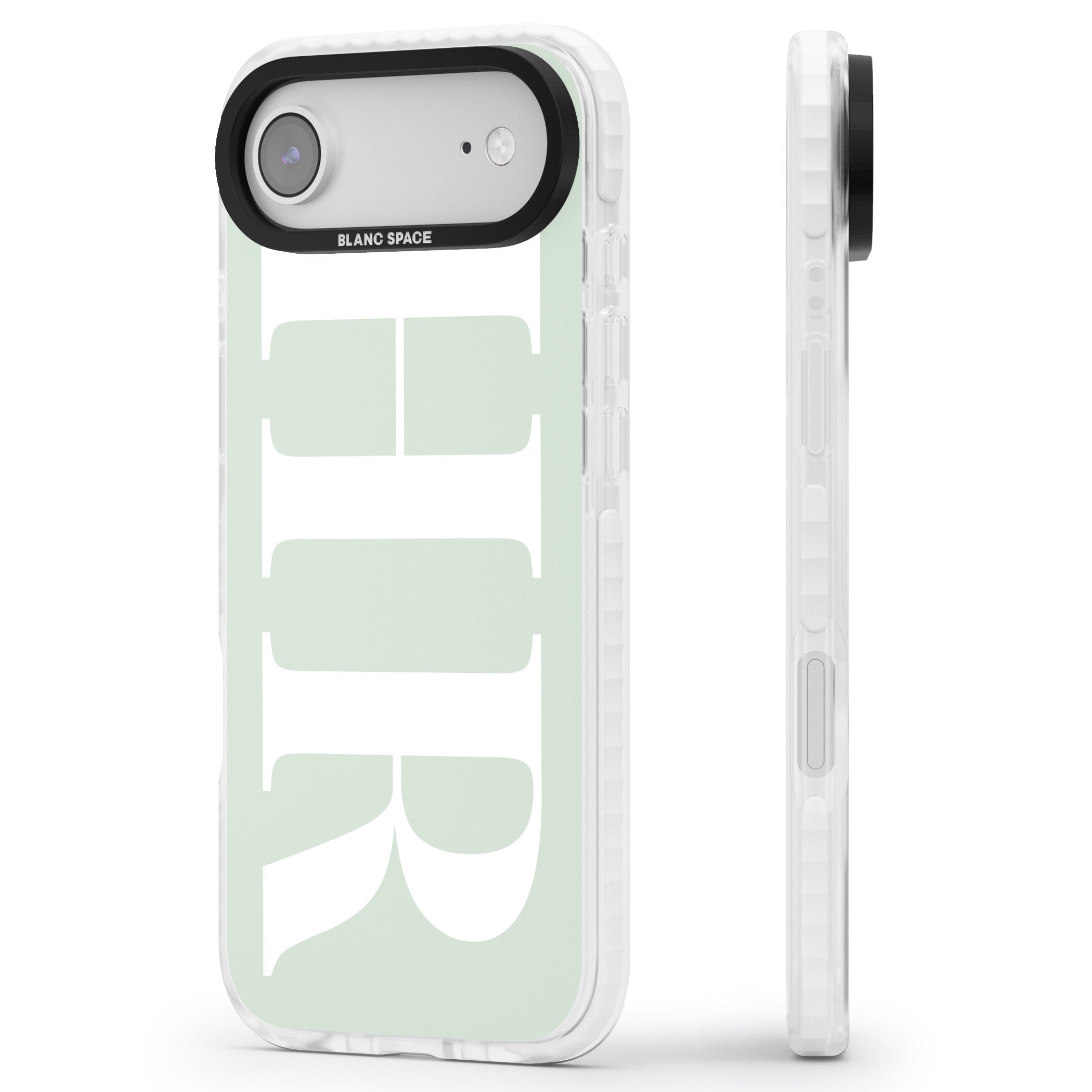 Personalised White & Seafoam Green Letters iPhone 17 Air Impact Clear Phone Case Side Profile
