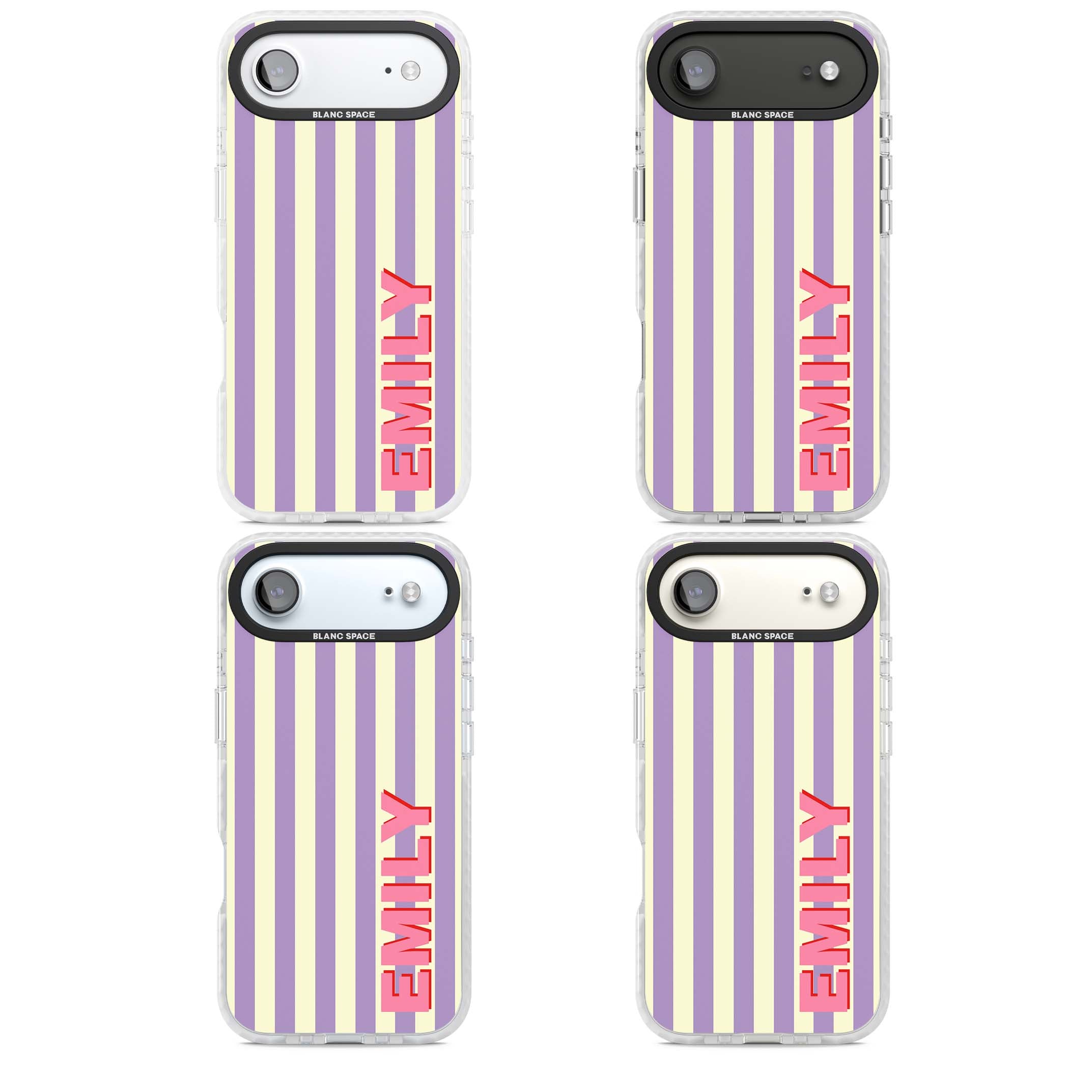 Valensole Stripe personalised iPhone case with purple and cream vertical stripes and pink custom name | Black Impact case for iPhone Air