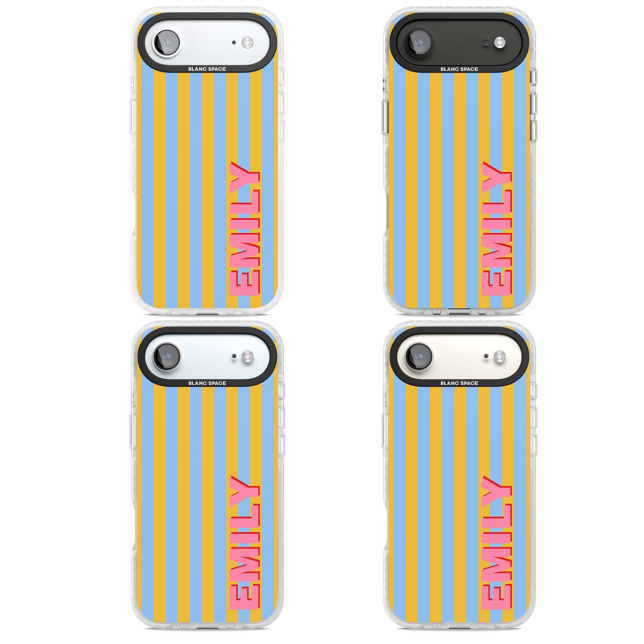 Carribean Stripe personalised coastal iPhone case with yellow and blue vertical stripes and a custom pink name | Black Impact case for iPhone Air