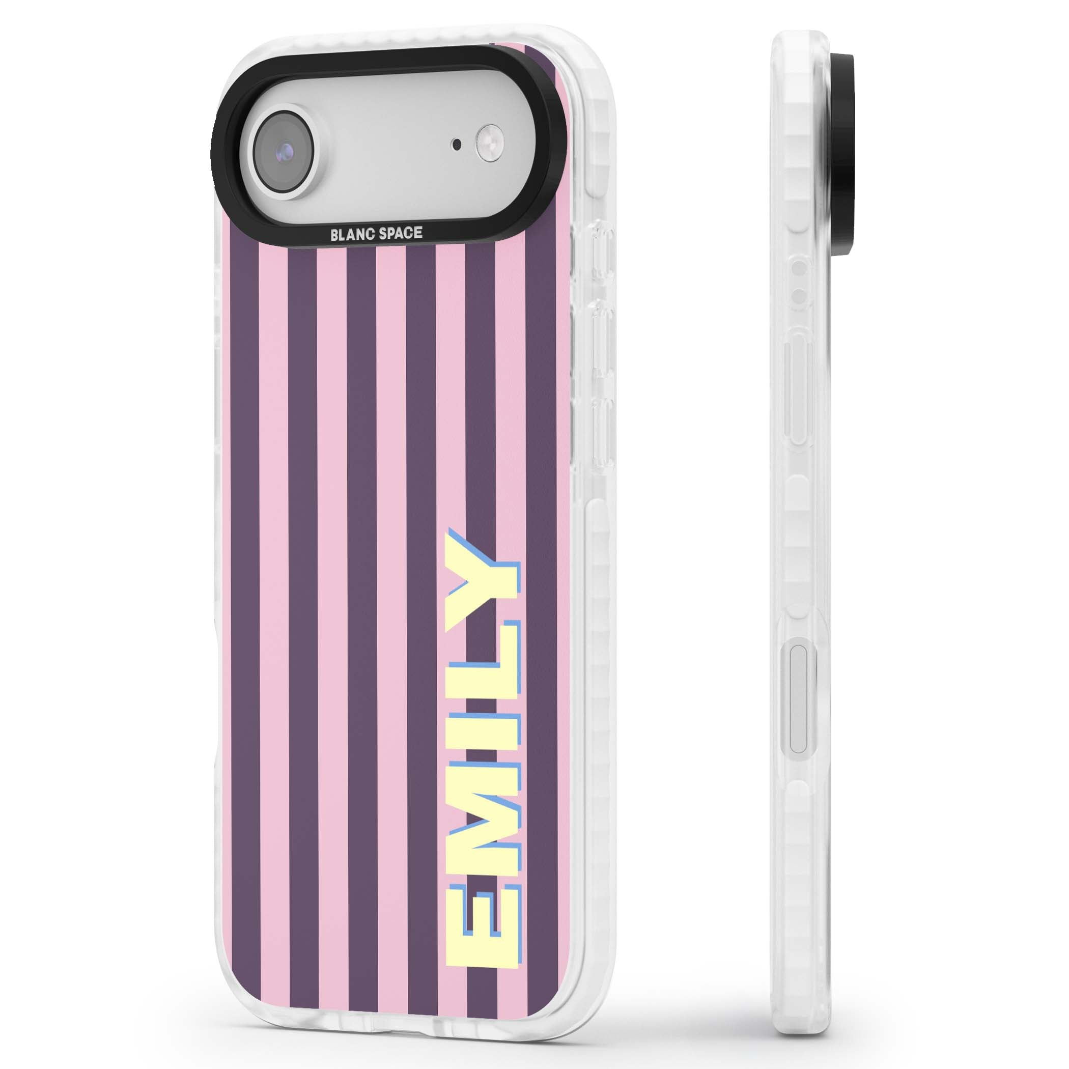 Tyre Stripe personalised stripe iPhone case with plum and pink vertical stripes and custom yellow name | Black Impact case for iPhone Air