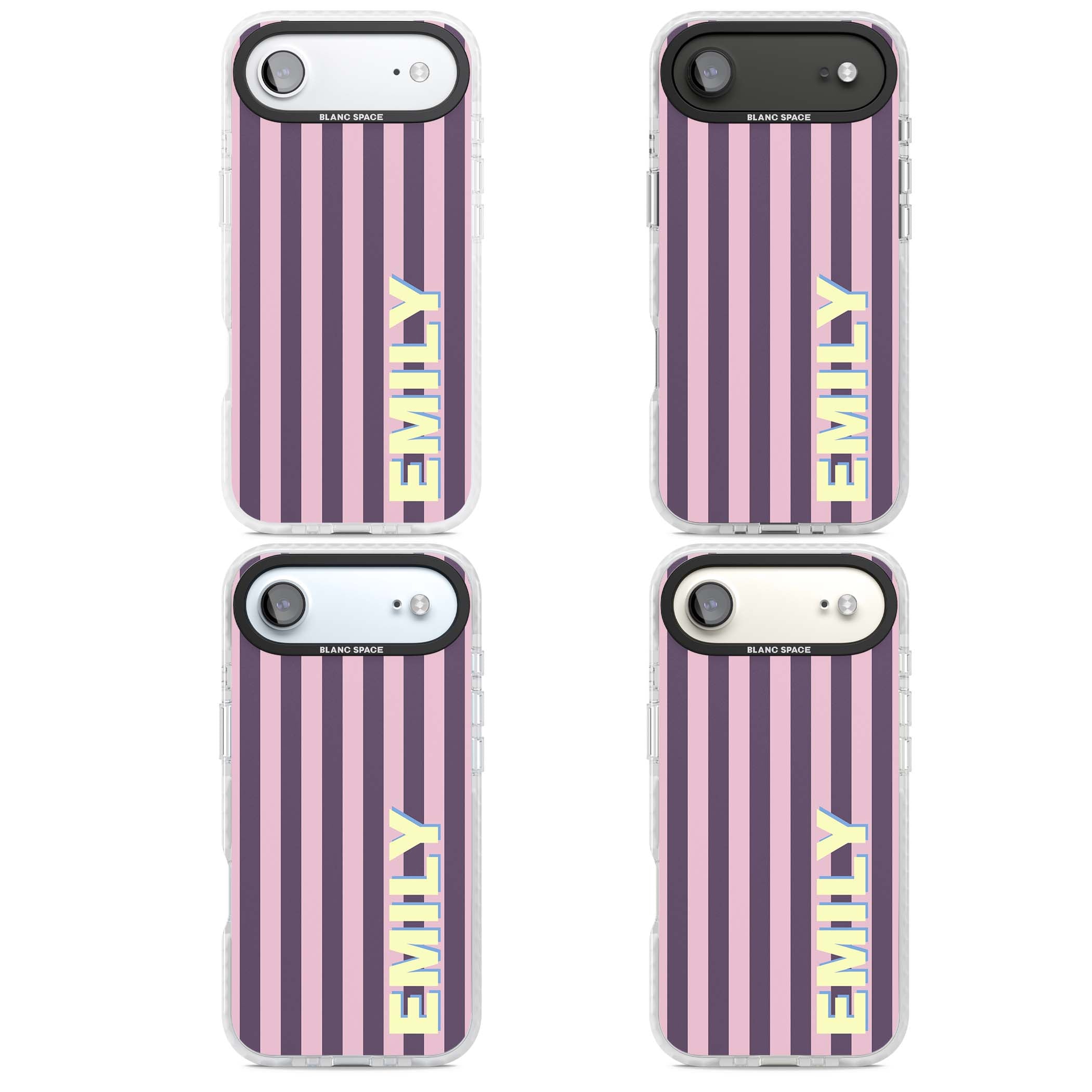 Tyre Stripe personalised stripe iPhone case with plum and pink vertical stripes and custom yellow name | Black Impact case for iPhone Air