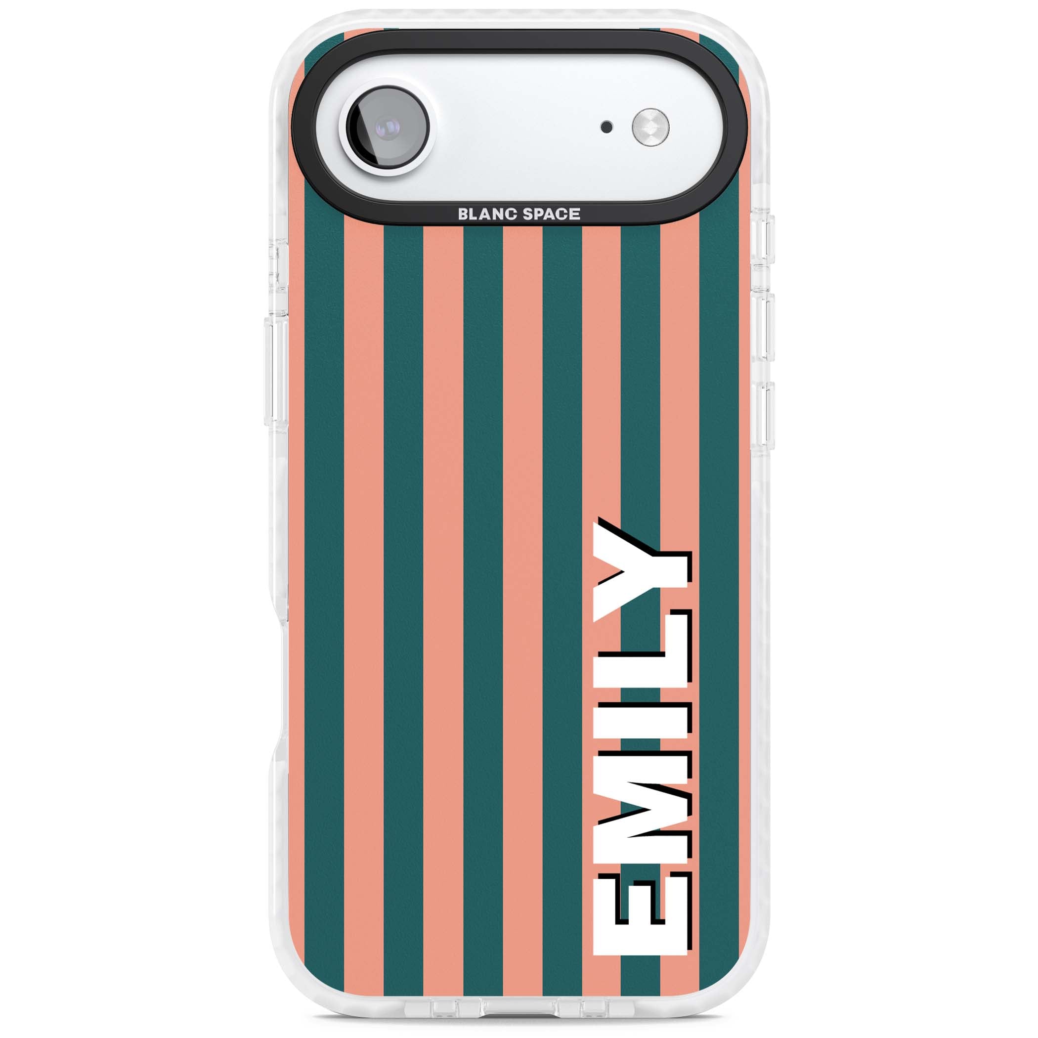 Tuscan Stripe personalised iPhone case featuring coral and green vertical stripes with bold custom name | Black Impact case for iPhone Air