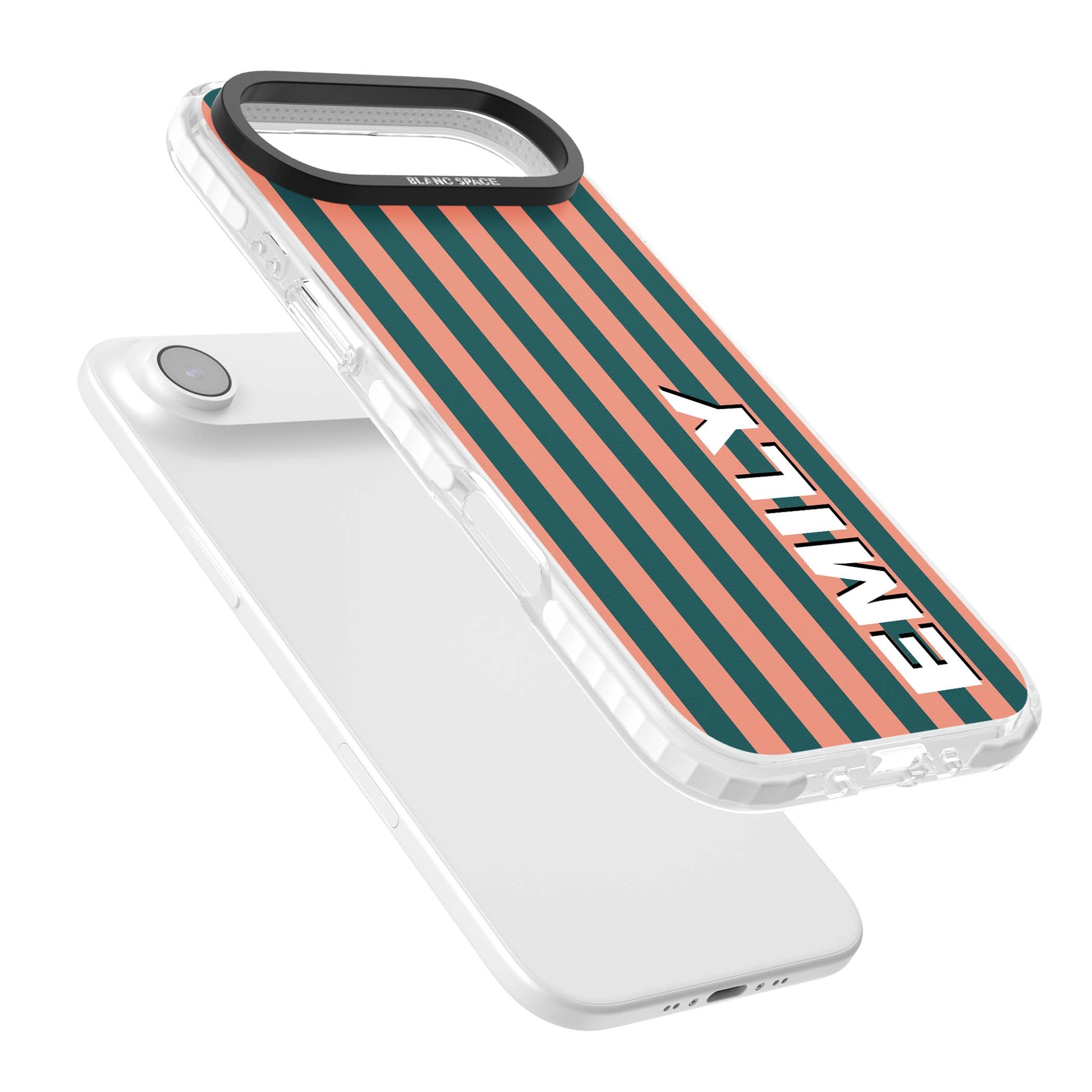 Tuscan Stripe personalised iPhone case featuring coral and green vertical stripes with bold custom name | Black Impact case for iPhone Air