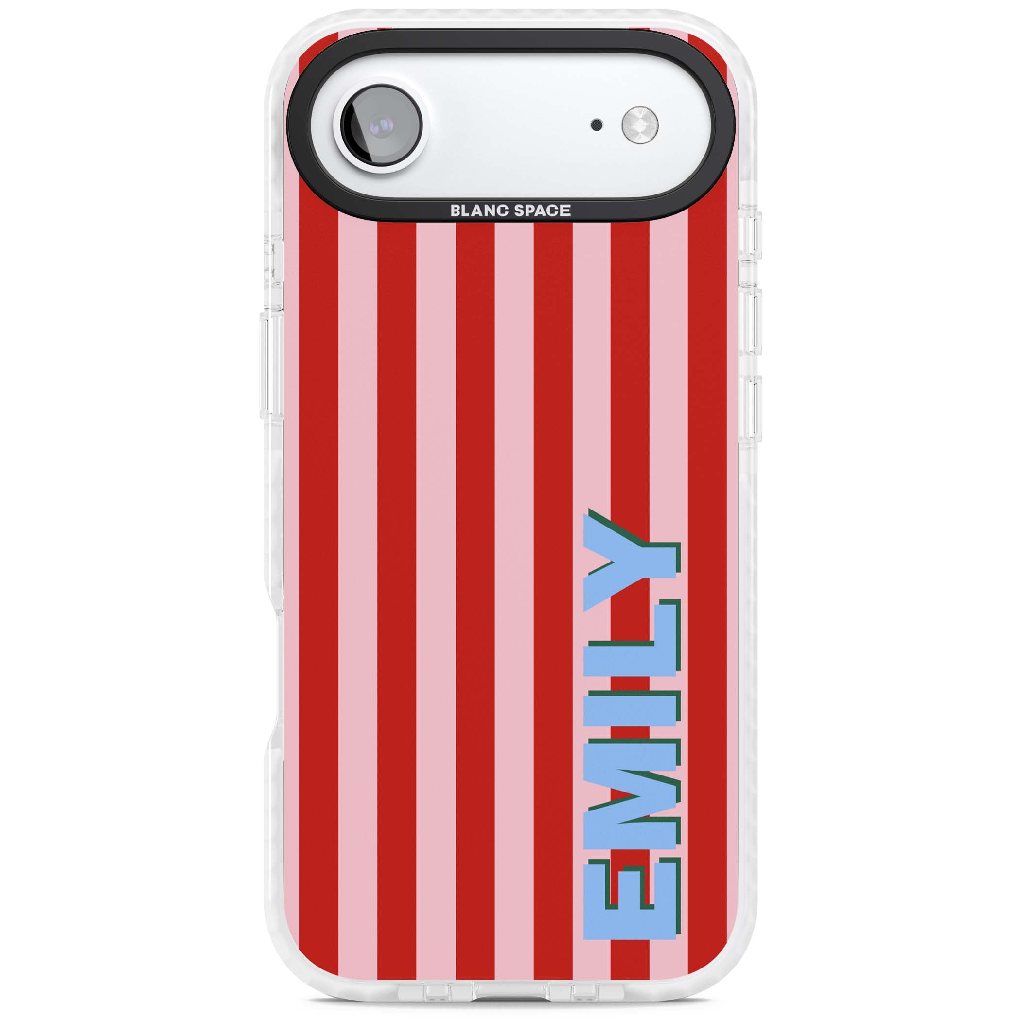 Market Stripe personalised iPhone case with red and pink vertical stripes and custom blue name | Black Impact case for iPhone Air
