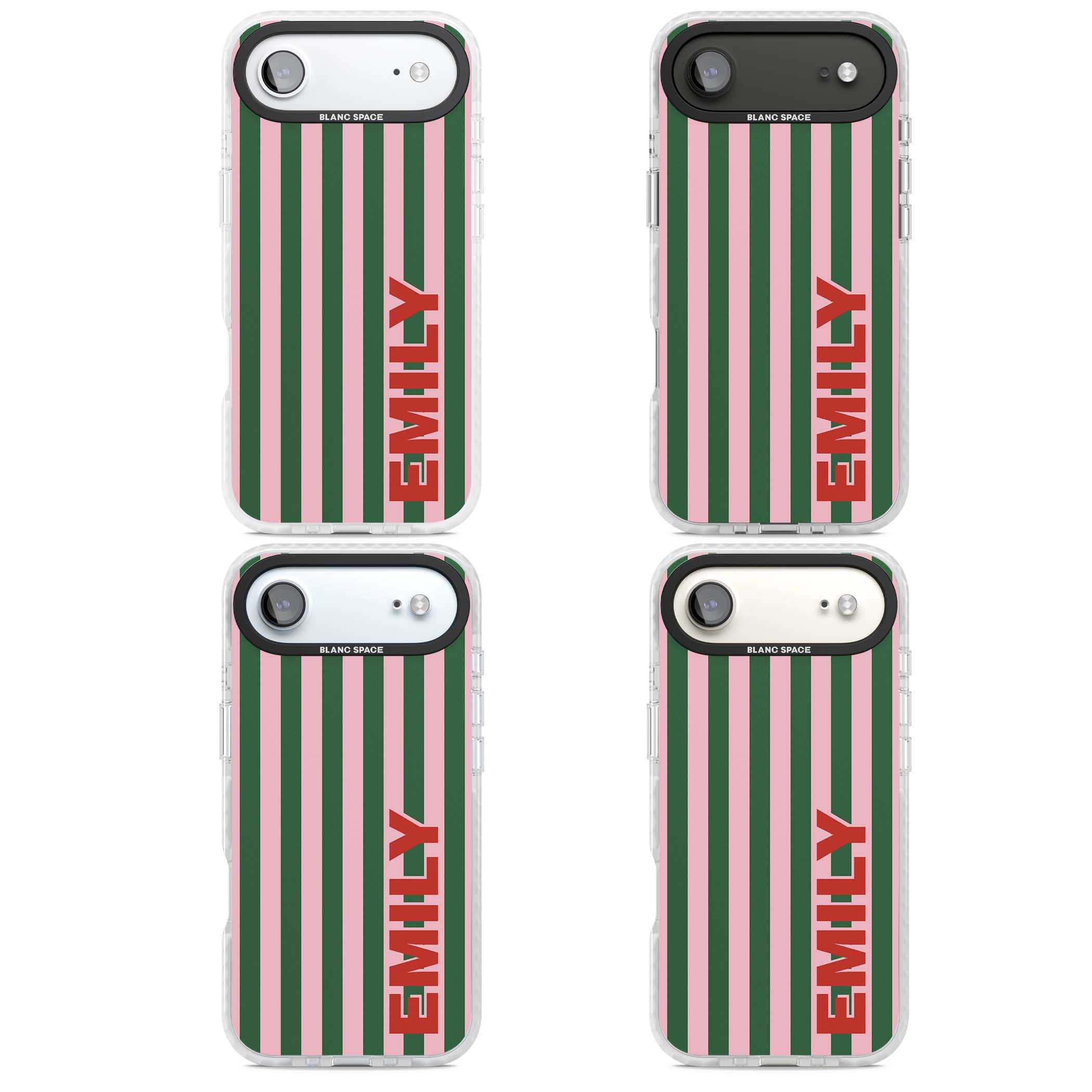 Italian Stripe preppy iPhone case featuring pink and green vertical stripes with personalised red name | Black Impact case for iPhone Air