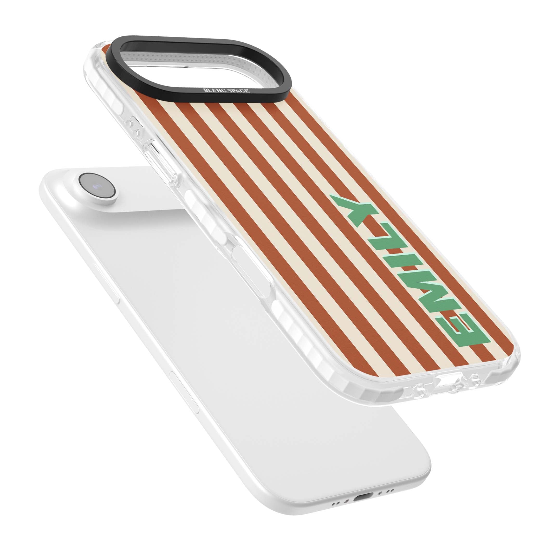 Dune Stripe personalised iPhone case with rust and cream vertical stripes and custom name in mint green | Black Impact case for iPhone Air