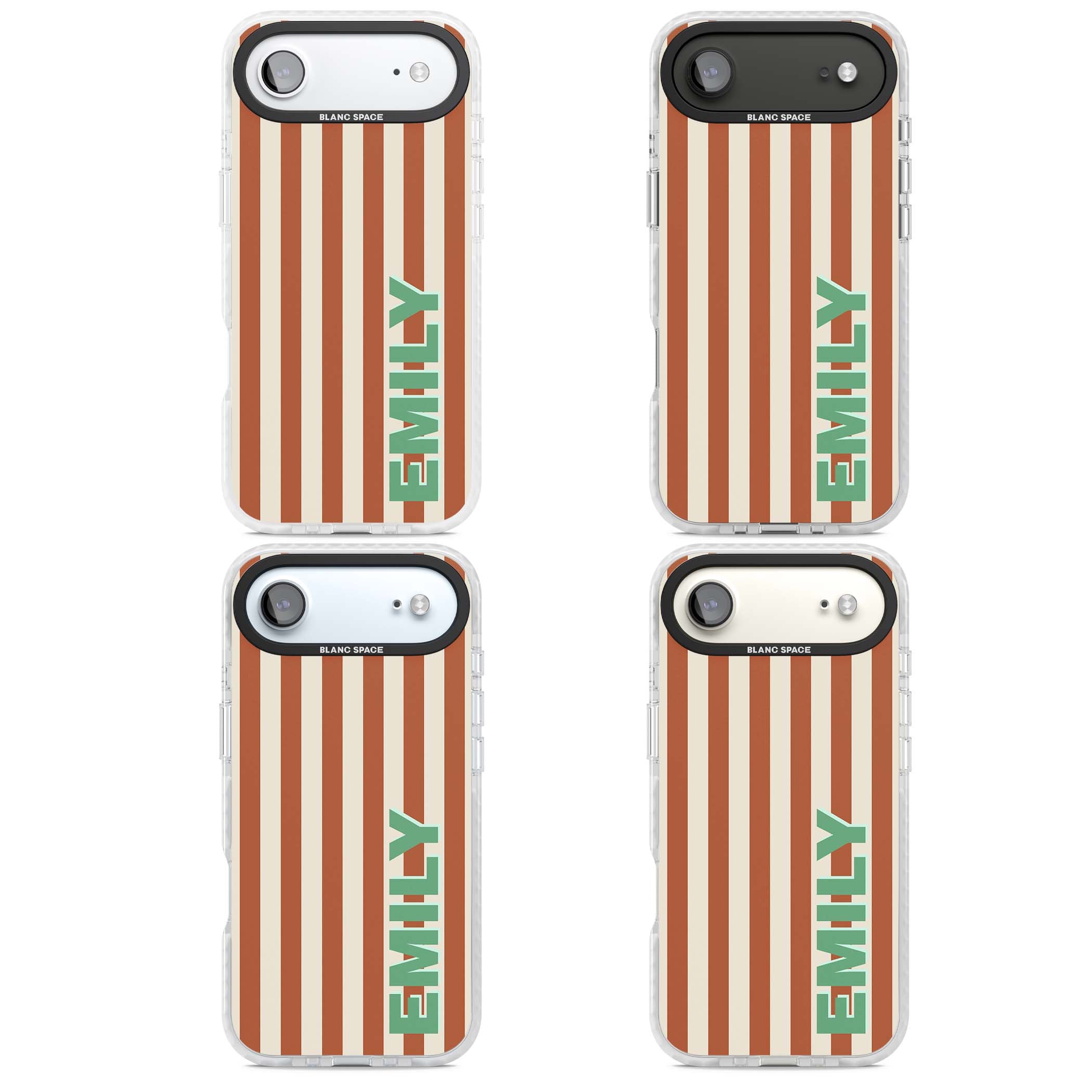 Dune Stripe personalised iPhone case with rust and cream vertical stripes and custom name in mint green | Black Impact case for iPhone Air