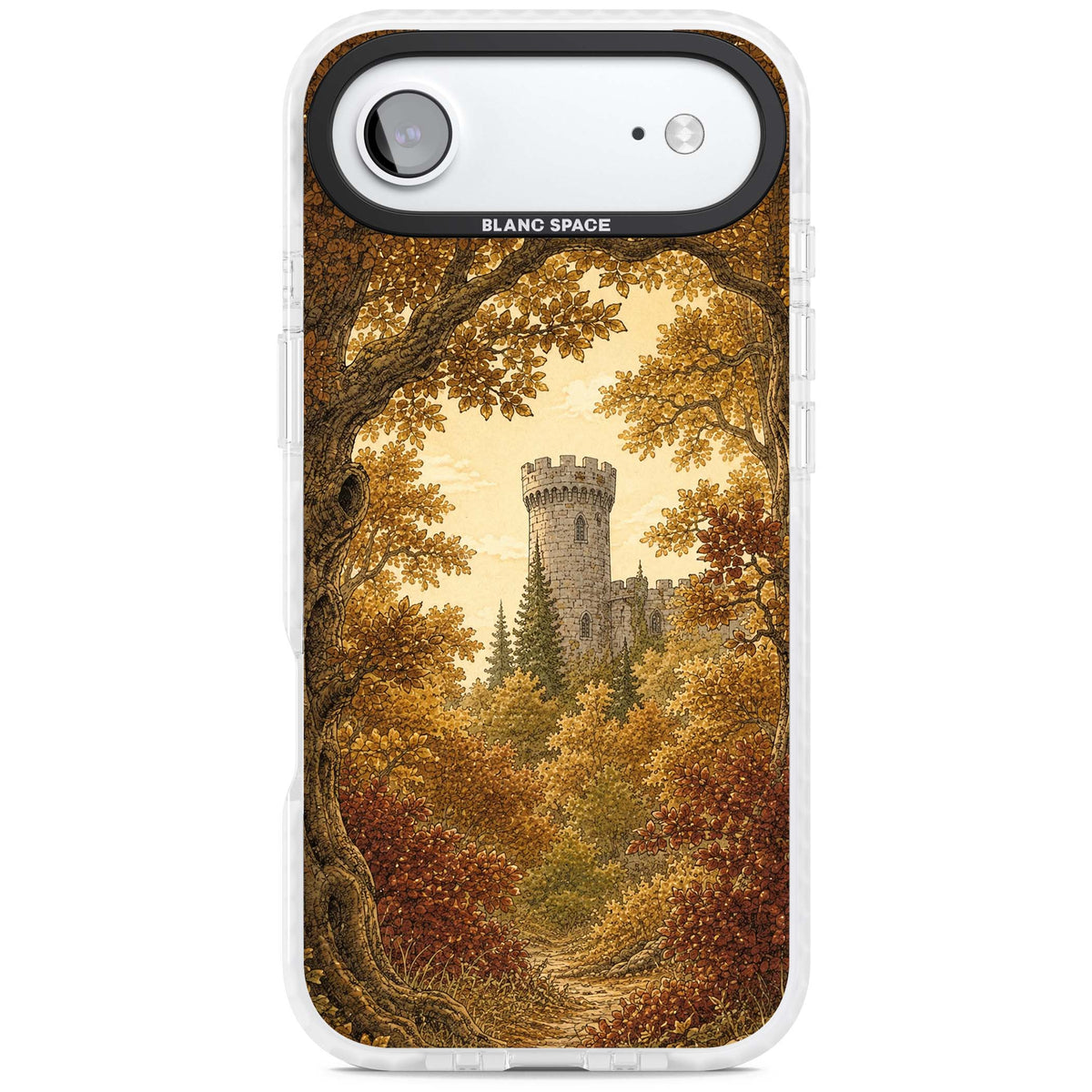 Autumn Keep cottagecore iPhone case featuring a medieval castle tower framed by golden autumn trees and woodland foliage | Black Impact case for iPhone Air