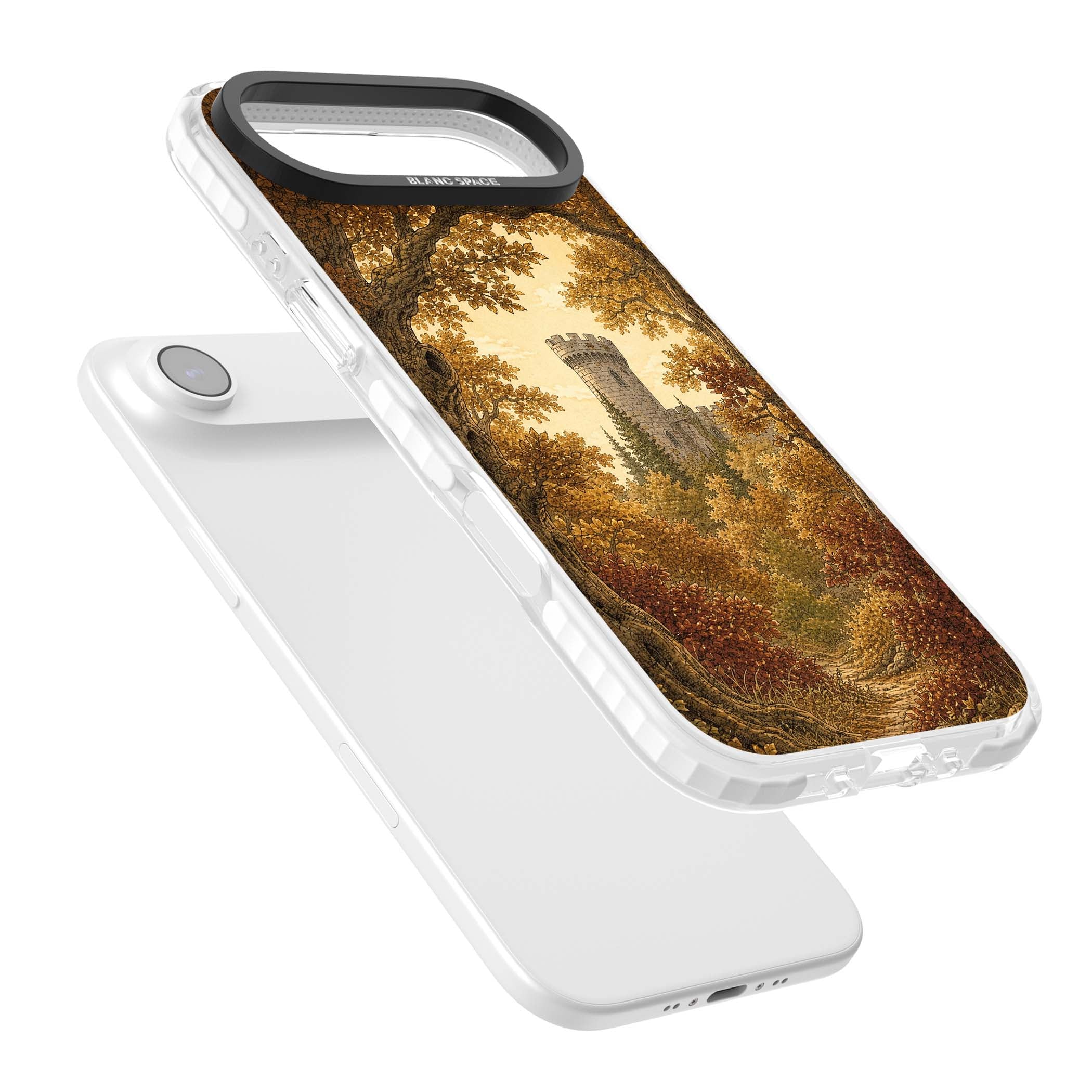 Autumn Keep cottagecore iPhone case featuring a medieval castle tower framed by golden autumn trees and woodland foliage | Black Impact case for iPhone Air