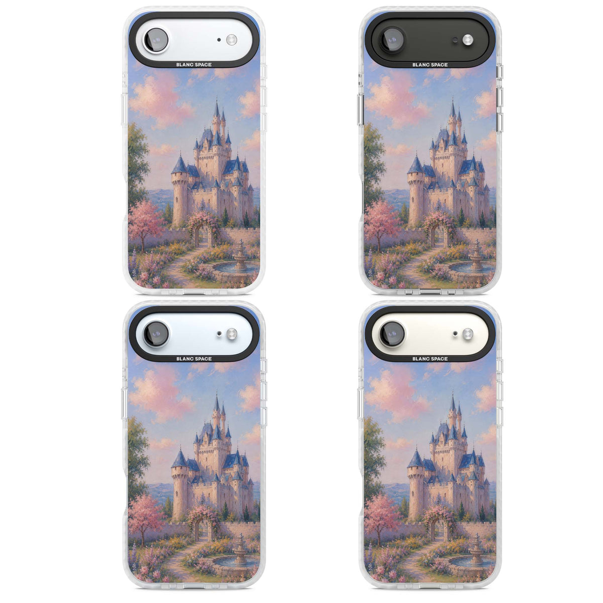 Enchanted Kingdom fairytale iPhone case featuring a romantic castle painting with cherry blossoms and pastel pink sky | Black Impact case for iPhone Air