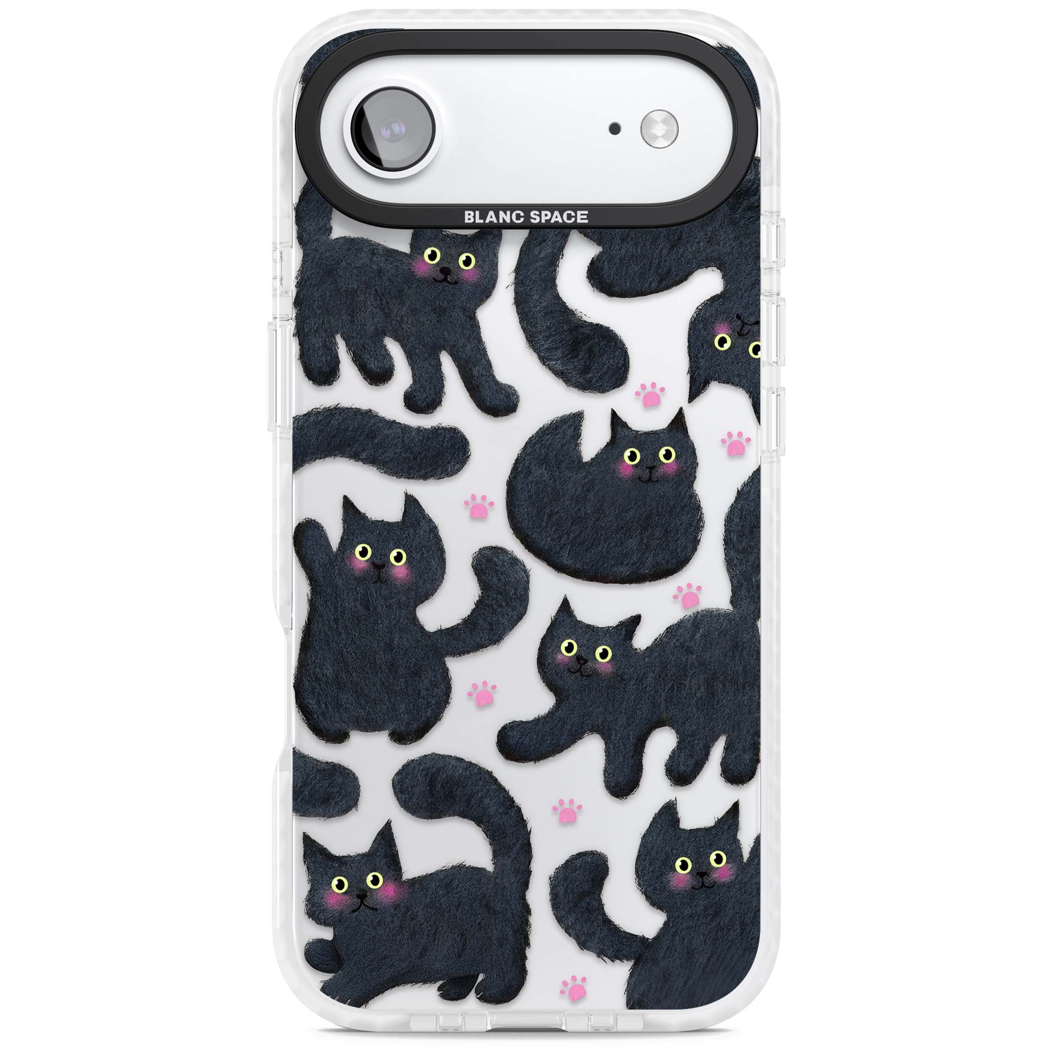 Midnight Cats cute iPhone case featuring black cat pattern with yellow eyes and pink paw prints | Black Impact case for iPhone Air