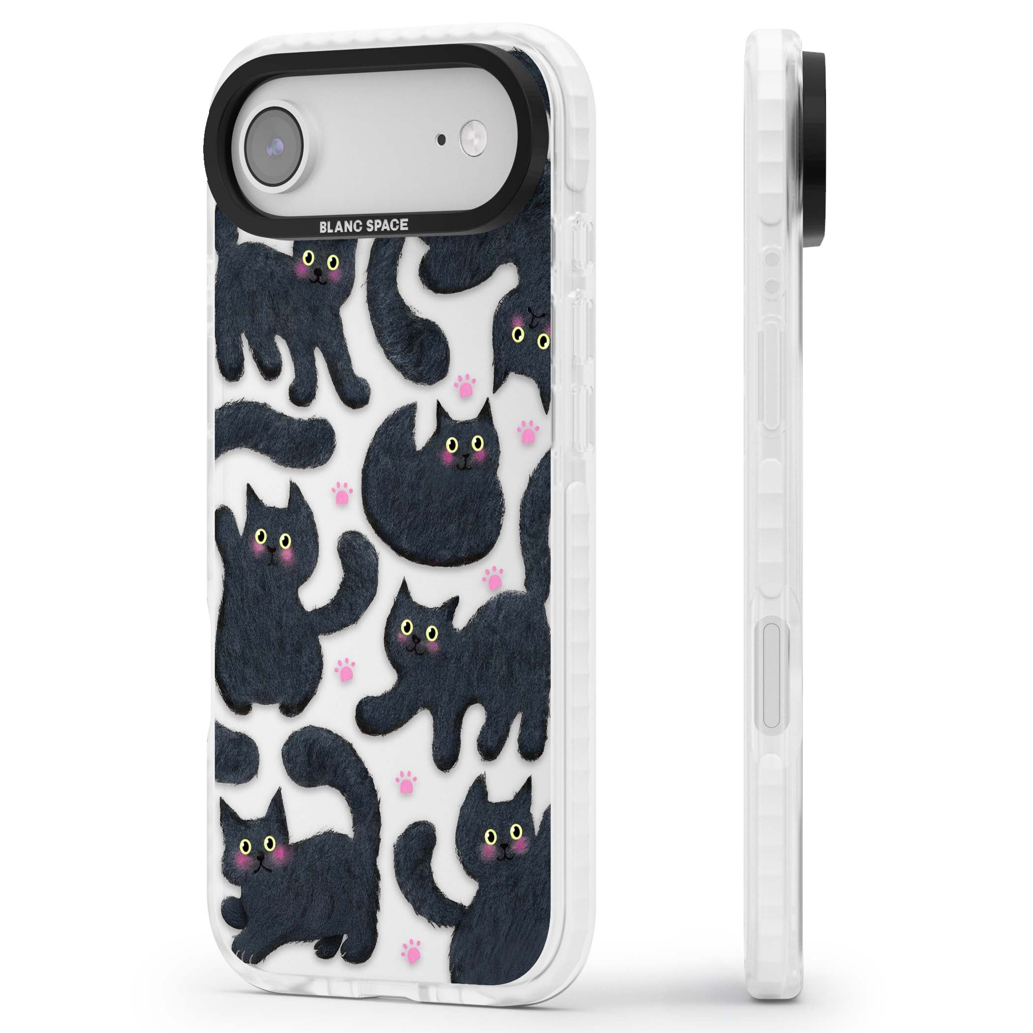Midnight Cats cute iPhone case featuring black cat pattern with yellow eyes and pink paw prints | Black Impact case for iPhone Air