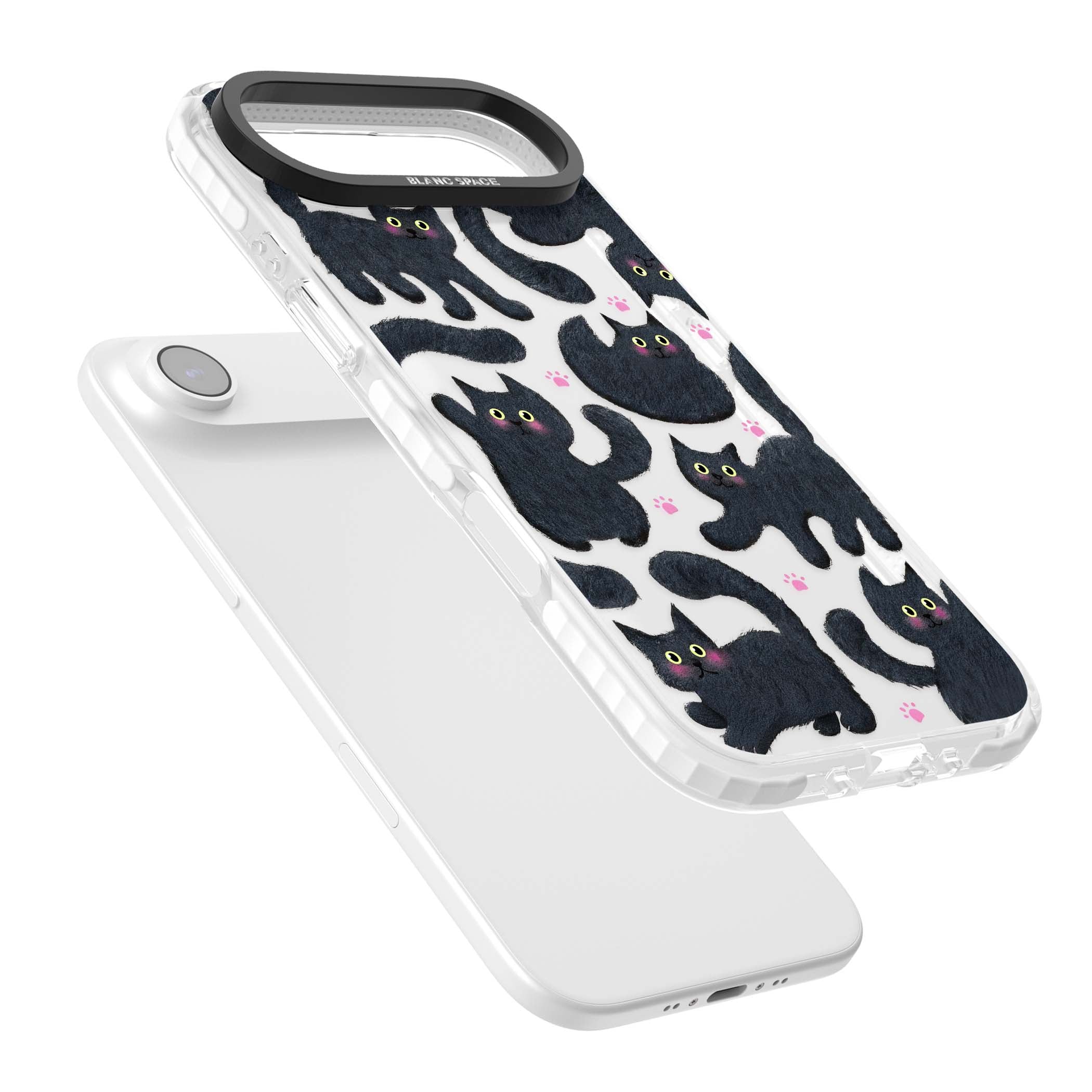 Midnight Cats cute iPhone case featuring black cat pattern with yellow eyes and pink paw prints | Black Impact case for iPhone Air