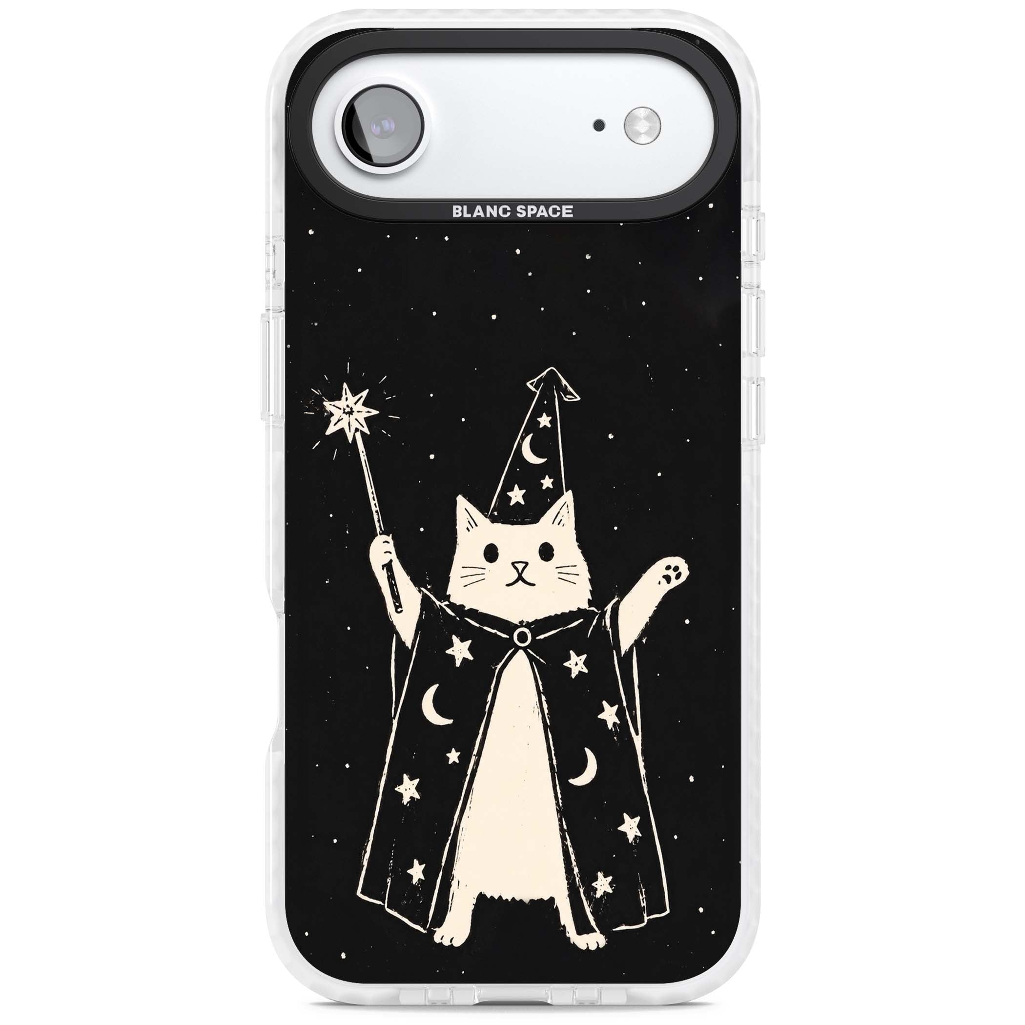 Whisker Wizard celestial cat iPhone case featuring a wizard cat with magic wand, starry night sky and crescent moons | Black Impact case for iPhone Air