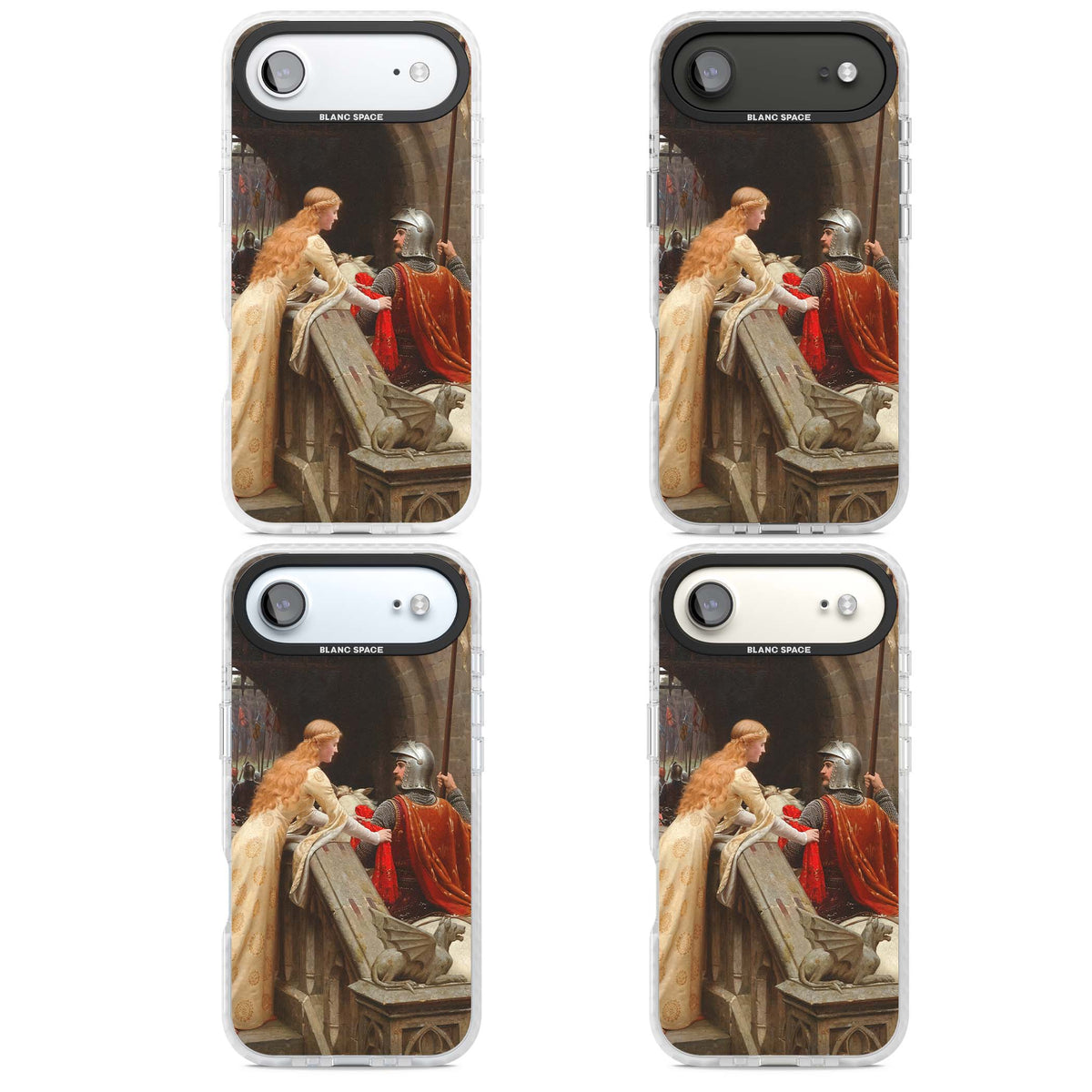God Speed fine art iPhone case featuring Edmund Blair Leighton's medieval knight and lady beneath a stone archway | Black Impact case for iPhone Air