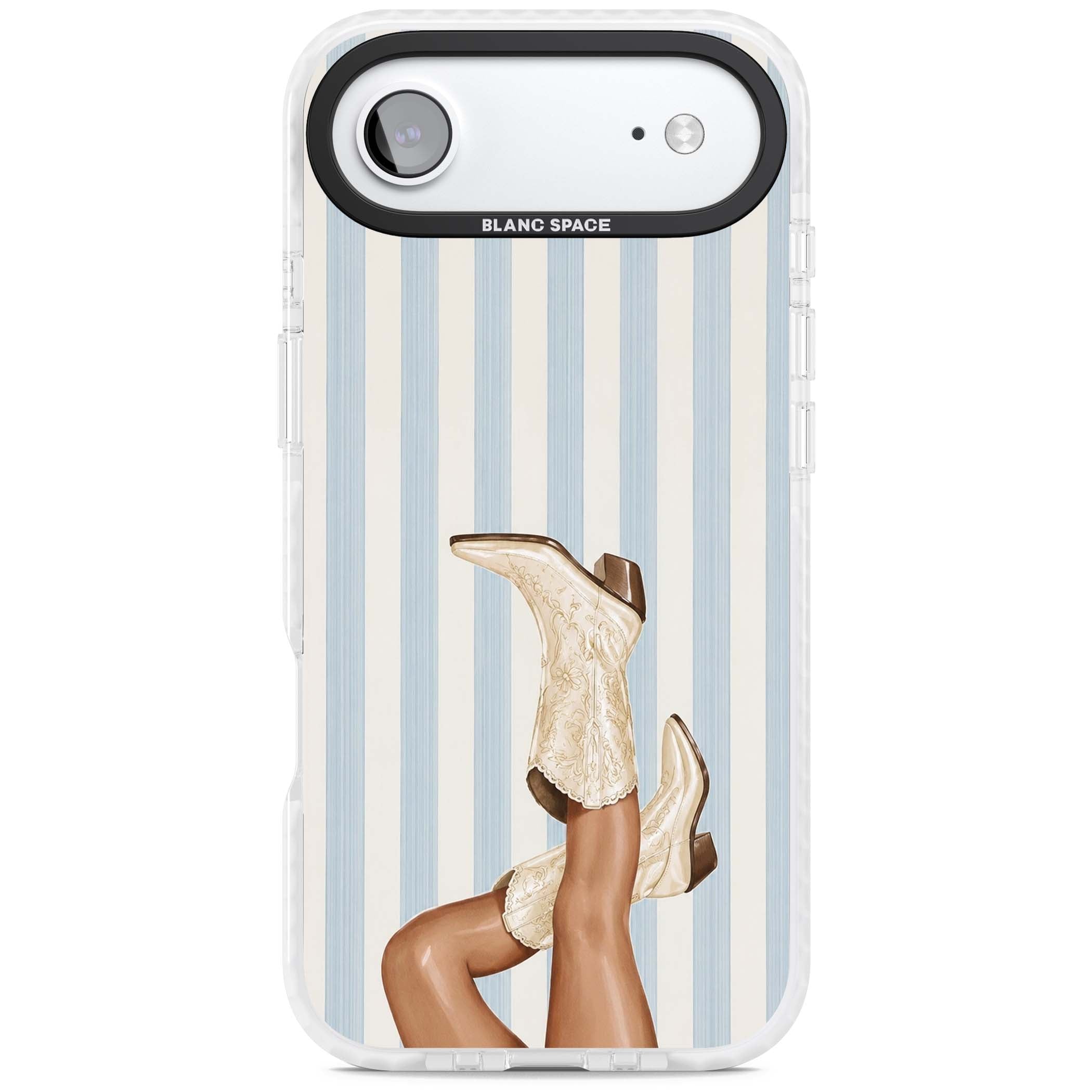 Cowgirl Boots coastal cowgirl iPhone case featuring embroidered western boots, tanned legs and a blue stripe backdrop | Black Impact case for iPhone Air